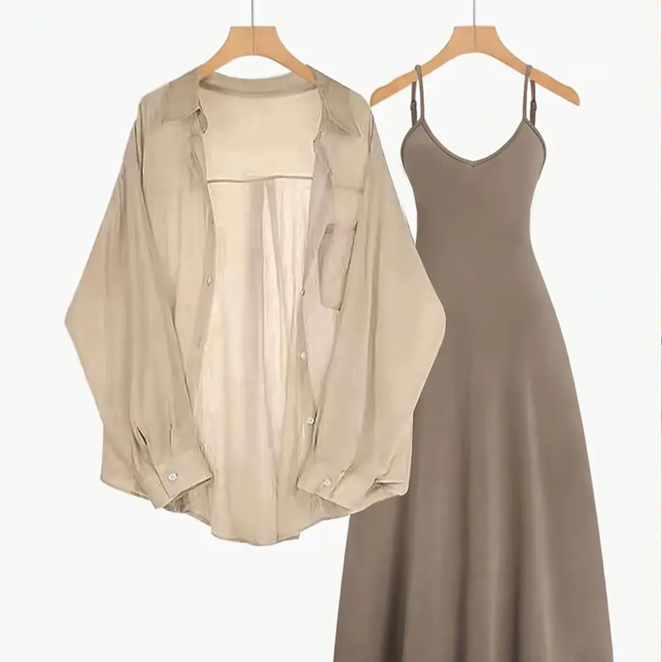 TEMU 2pcs Women's Sheer Blouse & Cami Dress Set - Button-front Shirt & Flowy Maxi Skirt, Solid Color Elegant Outfit For Fall/winter Dates, & Daily