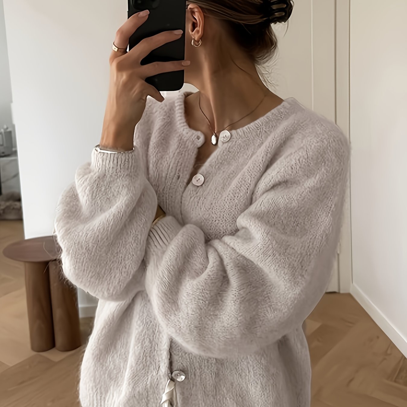 Image of Qd0723047 Directional Style Women's Cardigan Sweater With Buttons, Long Sleeve Thick Soft Sweater, Autumn Open Front Loose Casual Cardigan Jacket