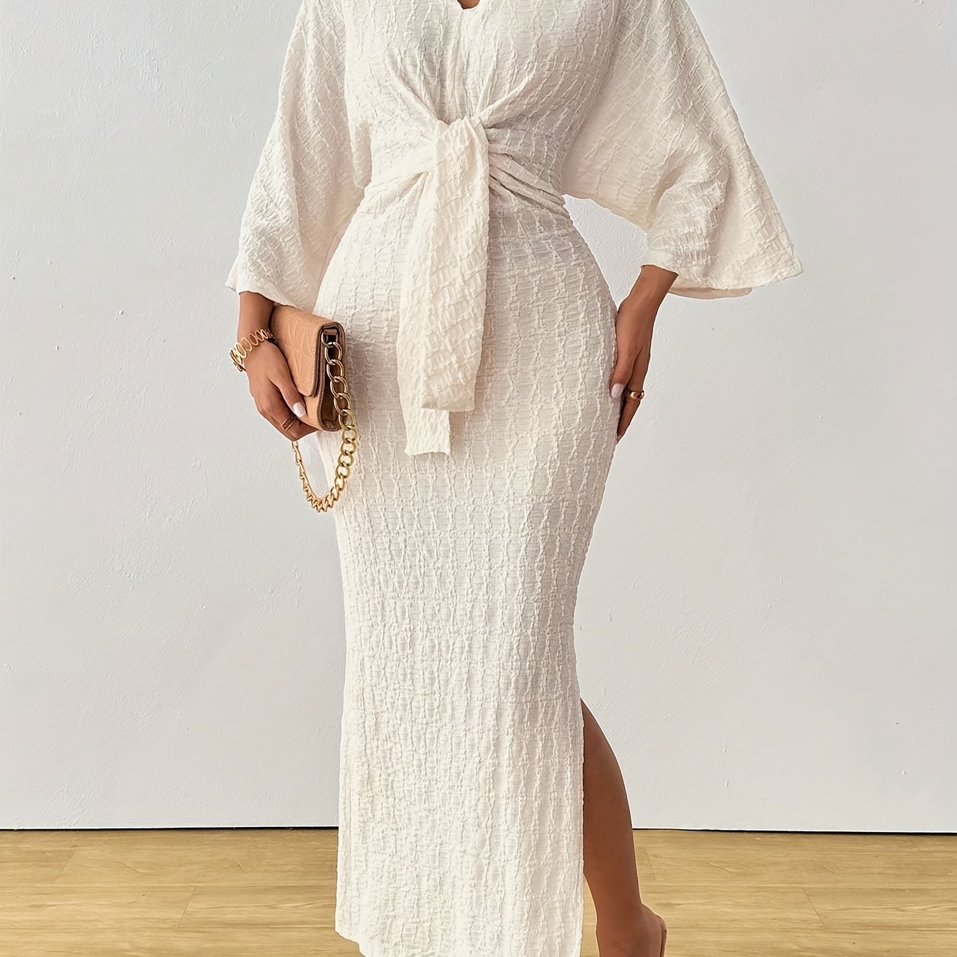 Solid Color Long Sleeve V-neck Tie-front Slit Casual Maxi Dress For Women