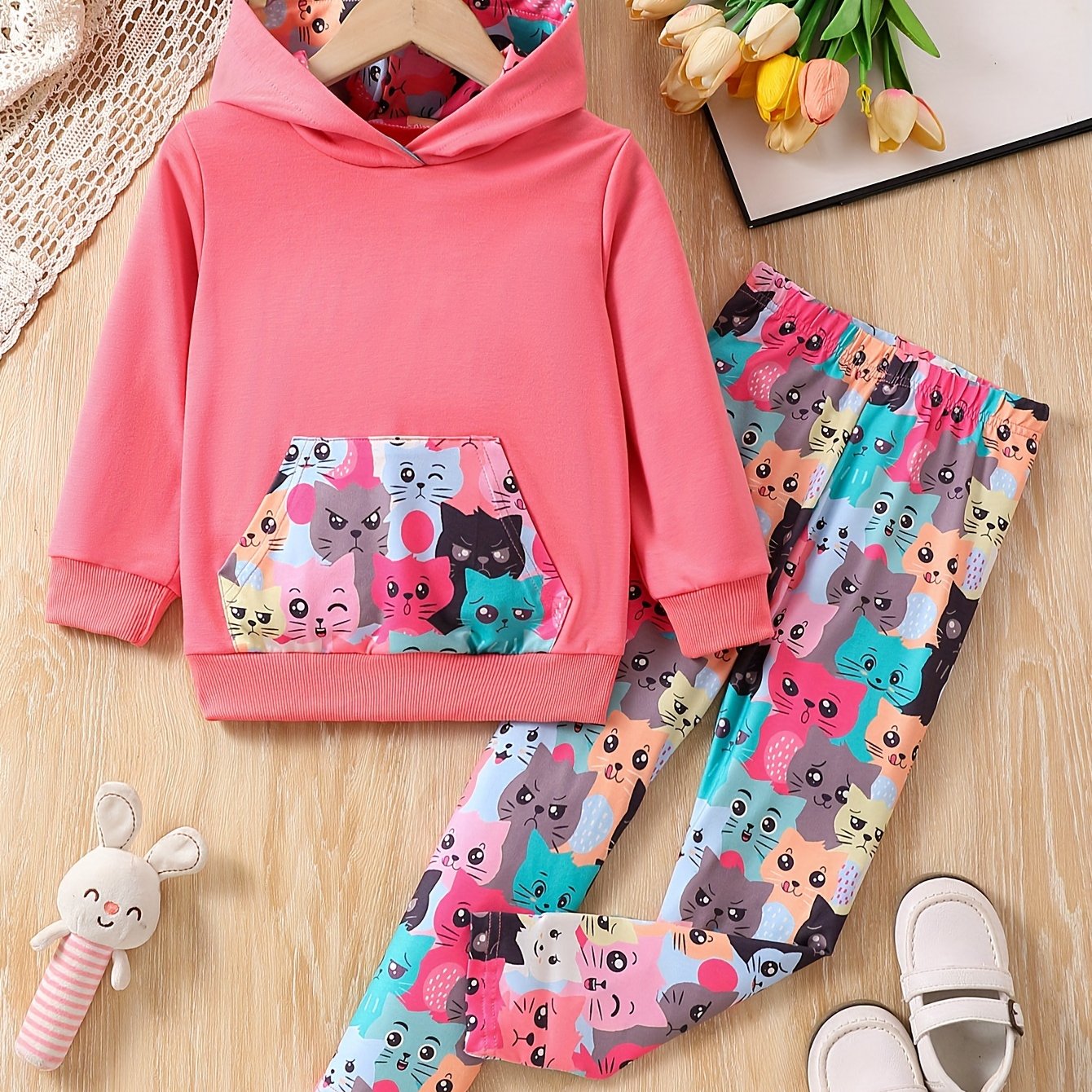 Image of Stylish Spring And Autumn Outfit For Girls, Featuring A Trendy Hooded Sweatshirt And Cute , Perfect For Little Girls, For Outdoor