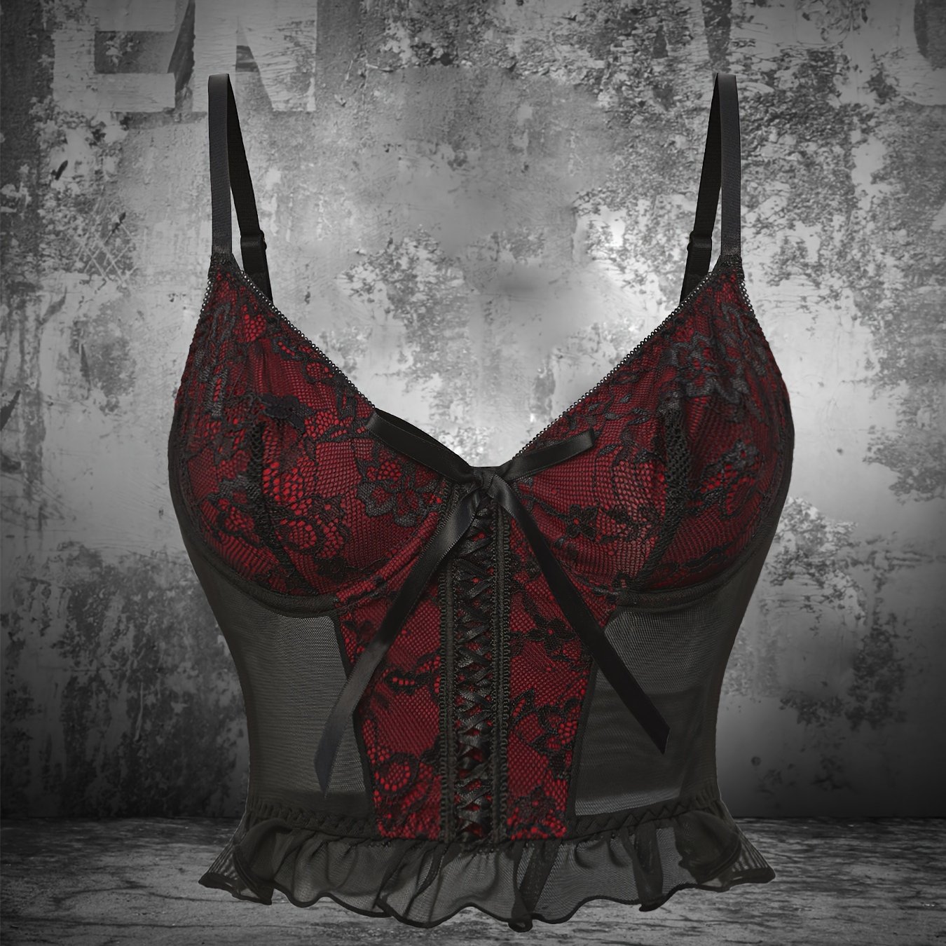 TEMU Women's Y2k Gothic Lace Bow Strap Top - High-stretch Blouse With Thin Strap Design, Spring Summer Fall Outer/underwear Layering Piece, Hand