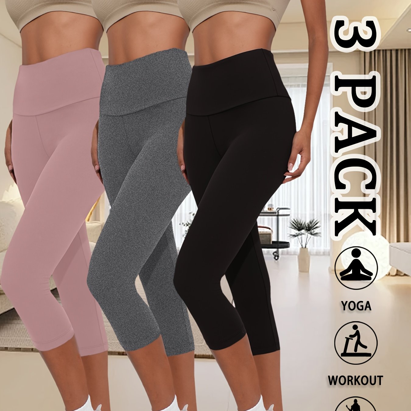 Image of 3 Pack 5" High Waisted Capri Pants For Women, Super Soft Tummy Control No See Through Workout Running Yoga Athletic Leggings