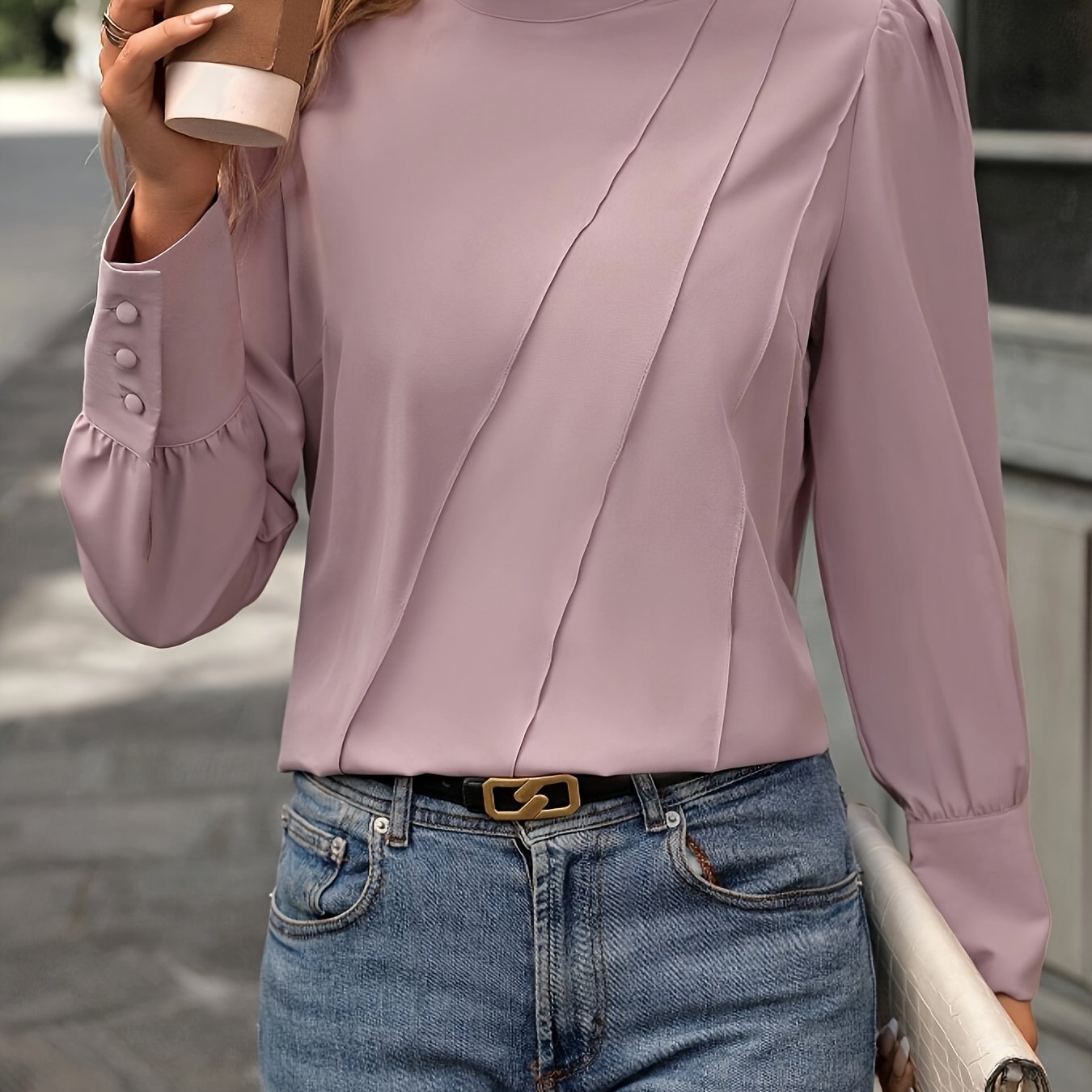 TEMU Top-stitching Mock Neck Blouse, Elegant Long Sleeve Blouse For Spring & Fall, Women's Clothing