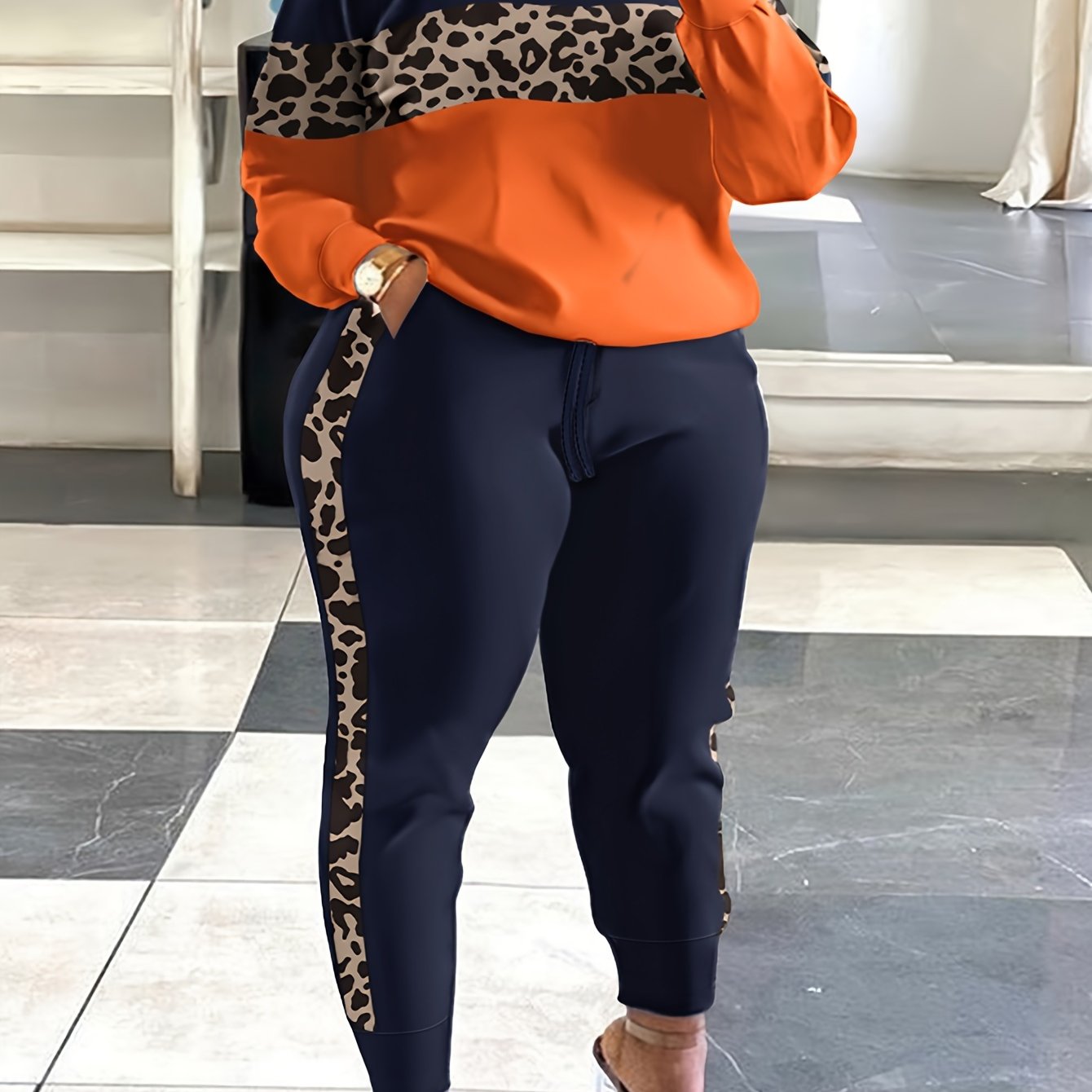 TEMU Printed Color-block Long Sleeve Top+ Pants Two-piece Set