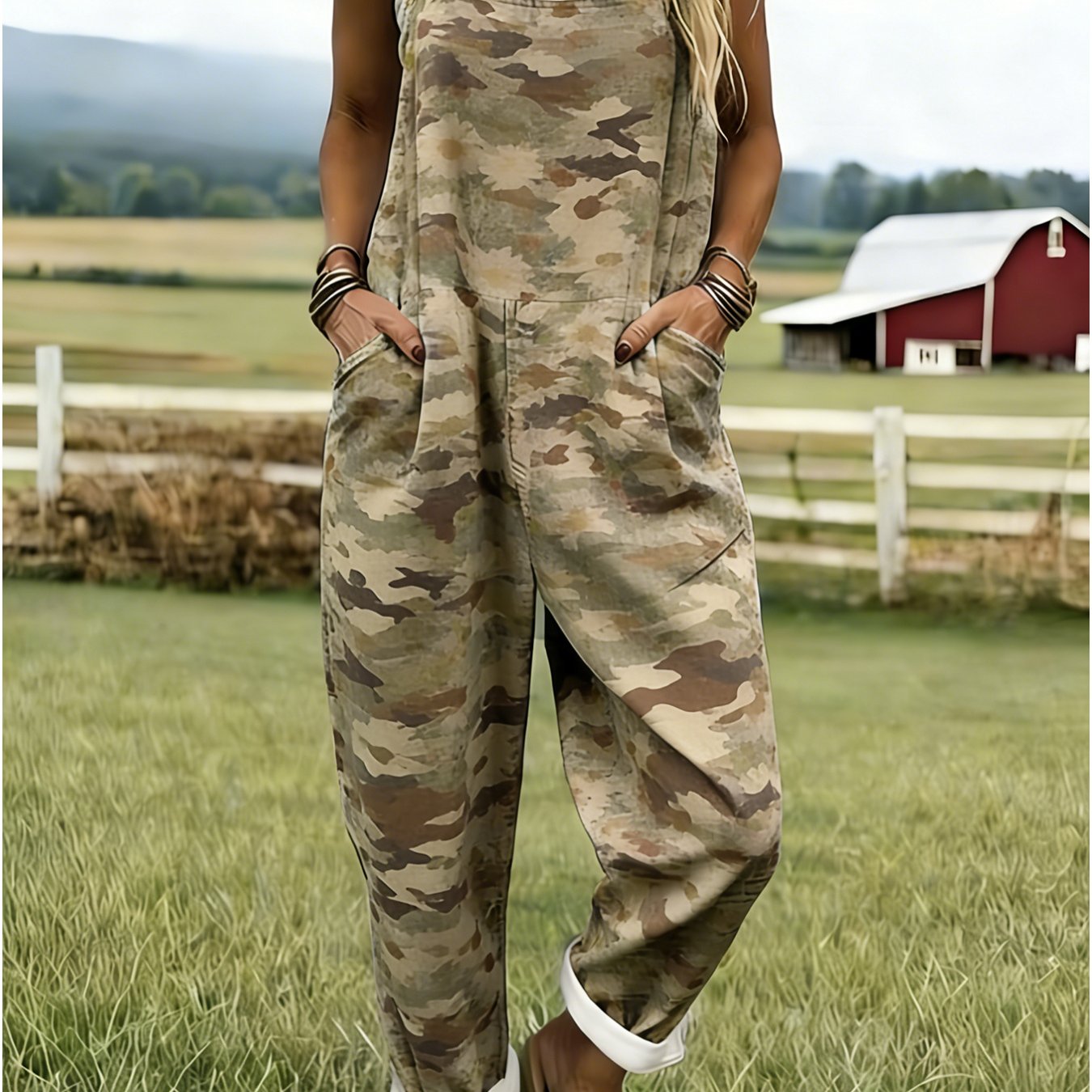 Image of Plus Size, Plus Size L-6xl Wide-leg Suspender Pants - Retro Camouflage Print Wide-leg Trousers With Chest Wrinkle Detail & Suspenders, All- Outdoor Casual Wear, Machine Washable Suitable For For