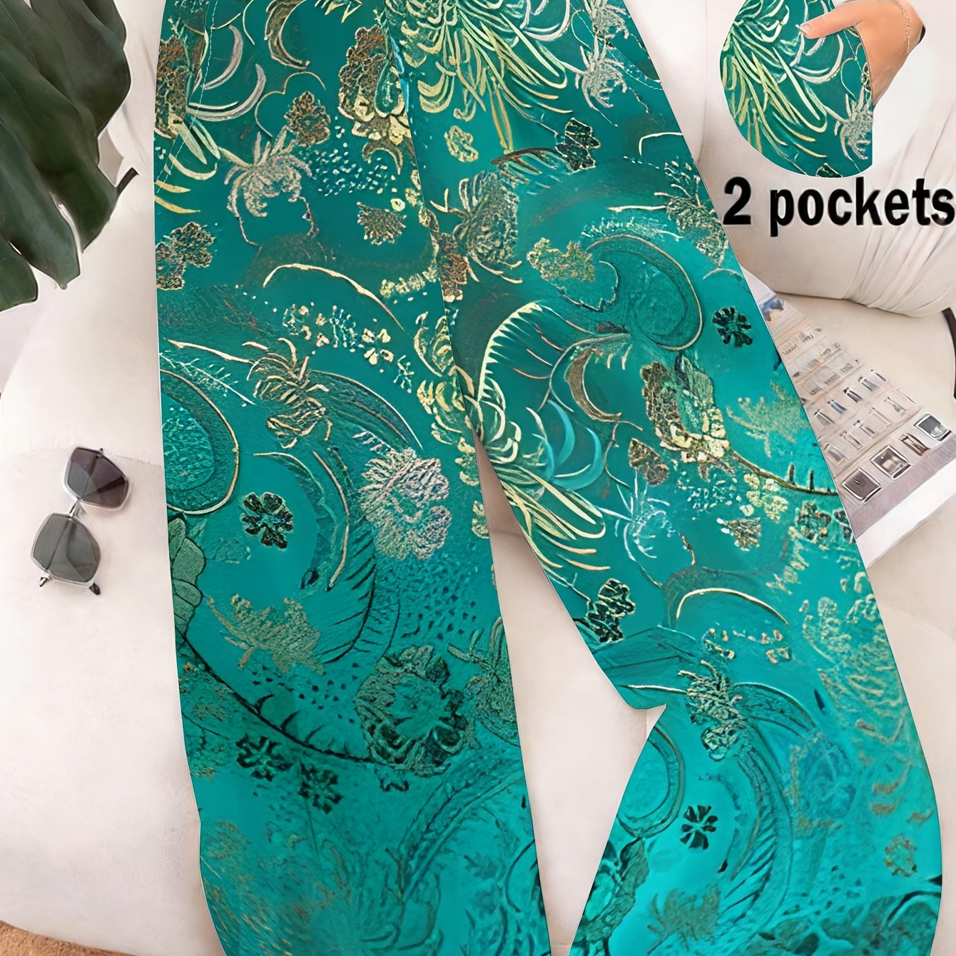 TEMU Women's Emerald Green Floral Straight Pants With Fashionable For Casual , , Office, Travel And Summer Holiday Styling.