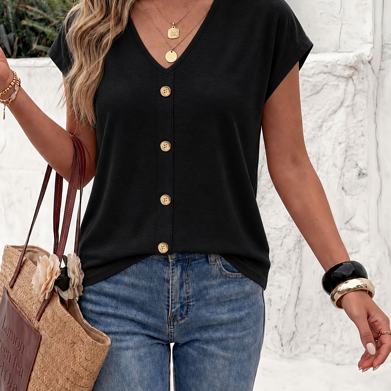TEMU Vêtements pour femmes 2026 Western Summer, T-shirt décontracté à manches courtes avec col en V, couleur unie, décoration à , Haut décontracté,