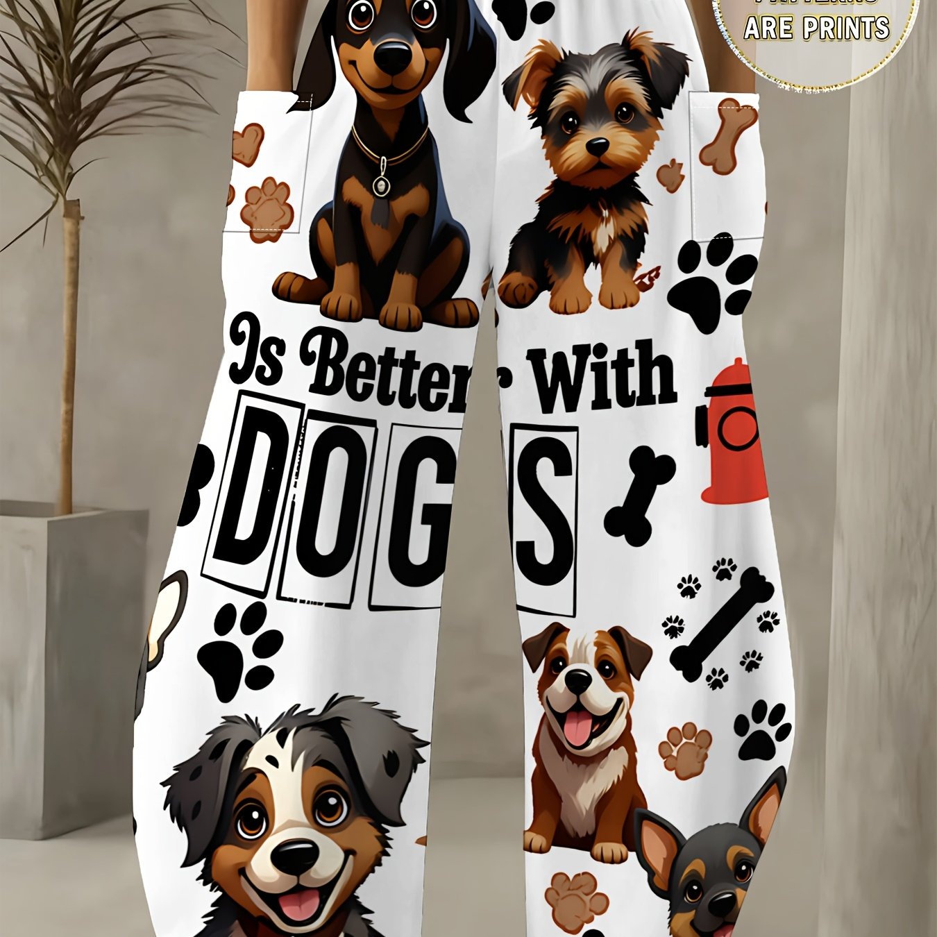 TEMU Pantaloni a larga da donna taglia standard, e traspiranti, base con stampa di cane dei animati, adorabili motivi a e ossa di animali domestici,