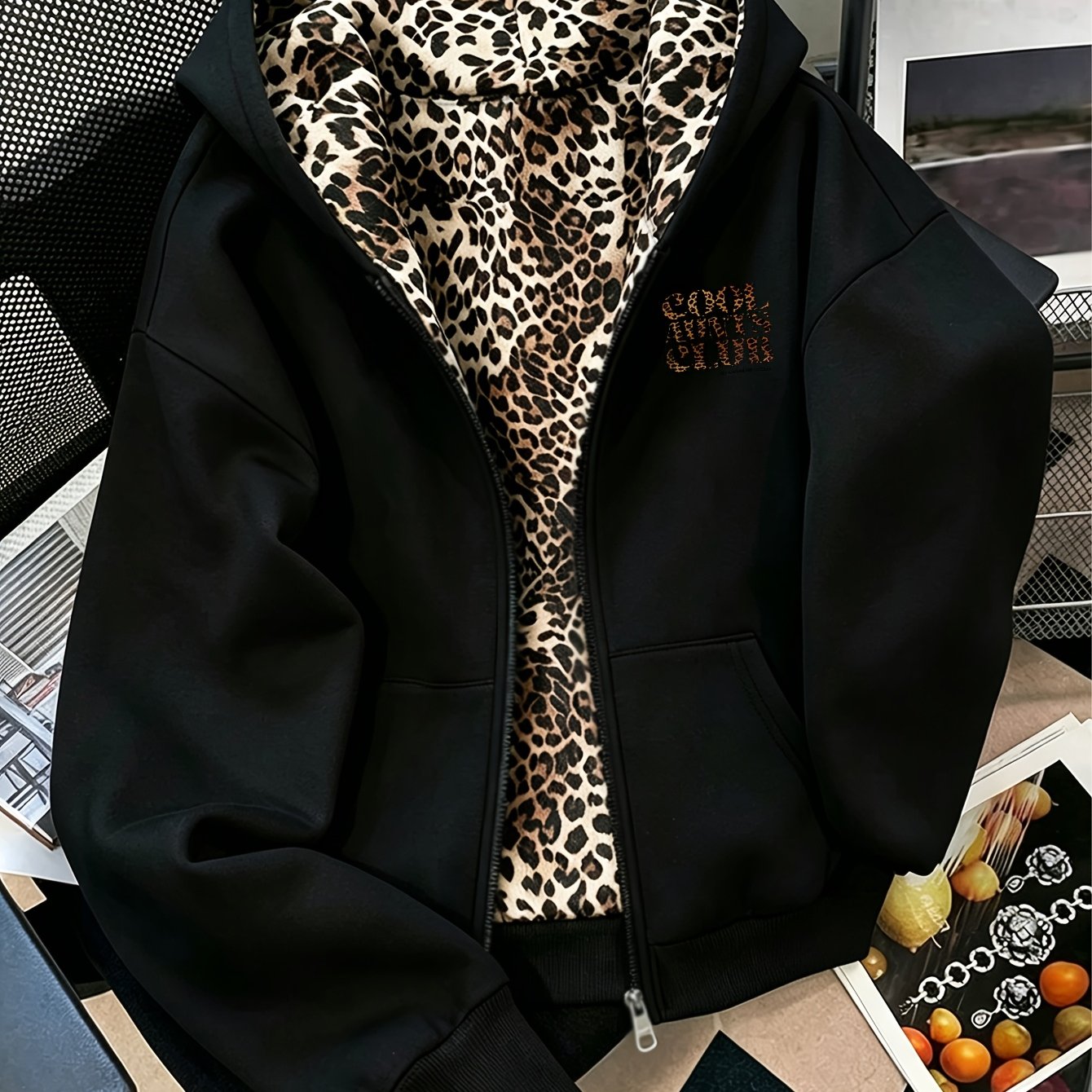 TEMU New Reversible Leopard Print Hoodie Featuring Fun Leopard Print Patterns On Front And Back. And Closed From Either Side. This New Autumn/winter