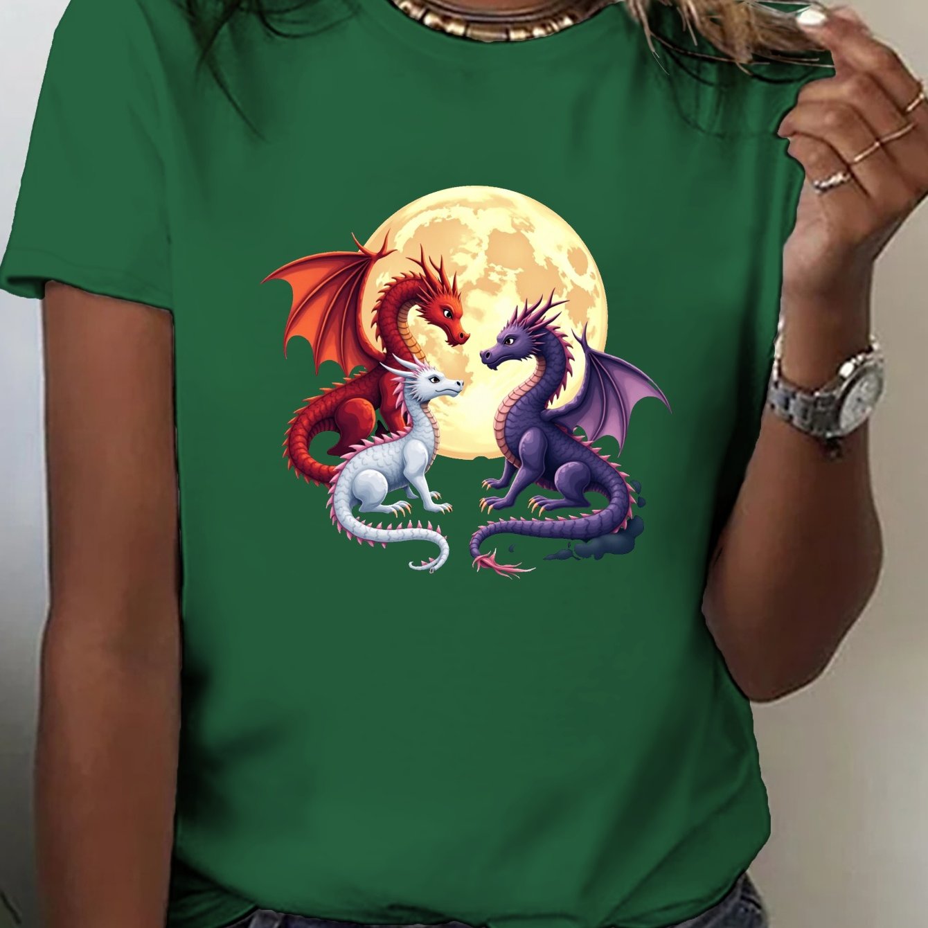 TEMU Women's Short Sleeve Crew Neck T-shirt - Dragon & Top, Soft Breathable Fabric, Machine Washable, , Regular Fit, Summer Clothing, Mystical Print