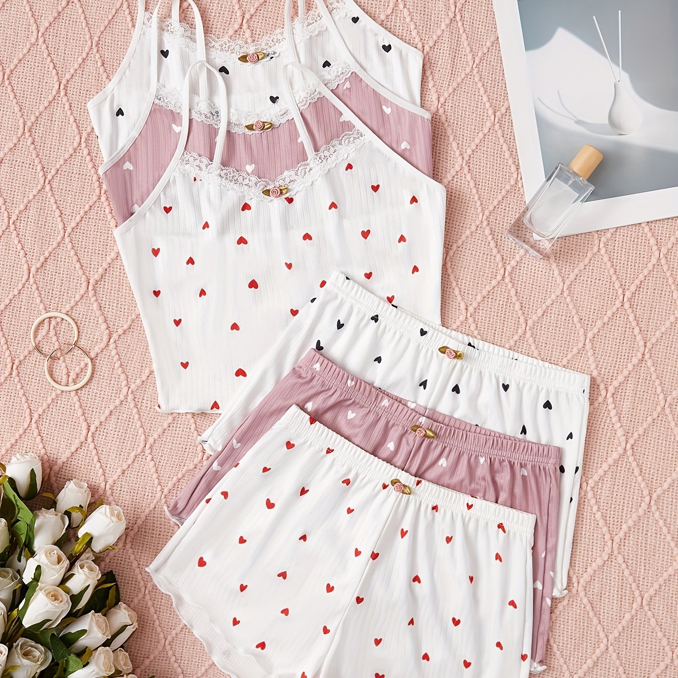 3 Sets Women' Heart Print Lace Trim Comfortable Breathable Pajama Sets