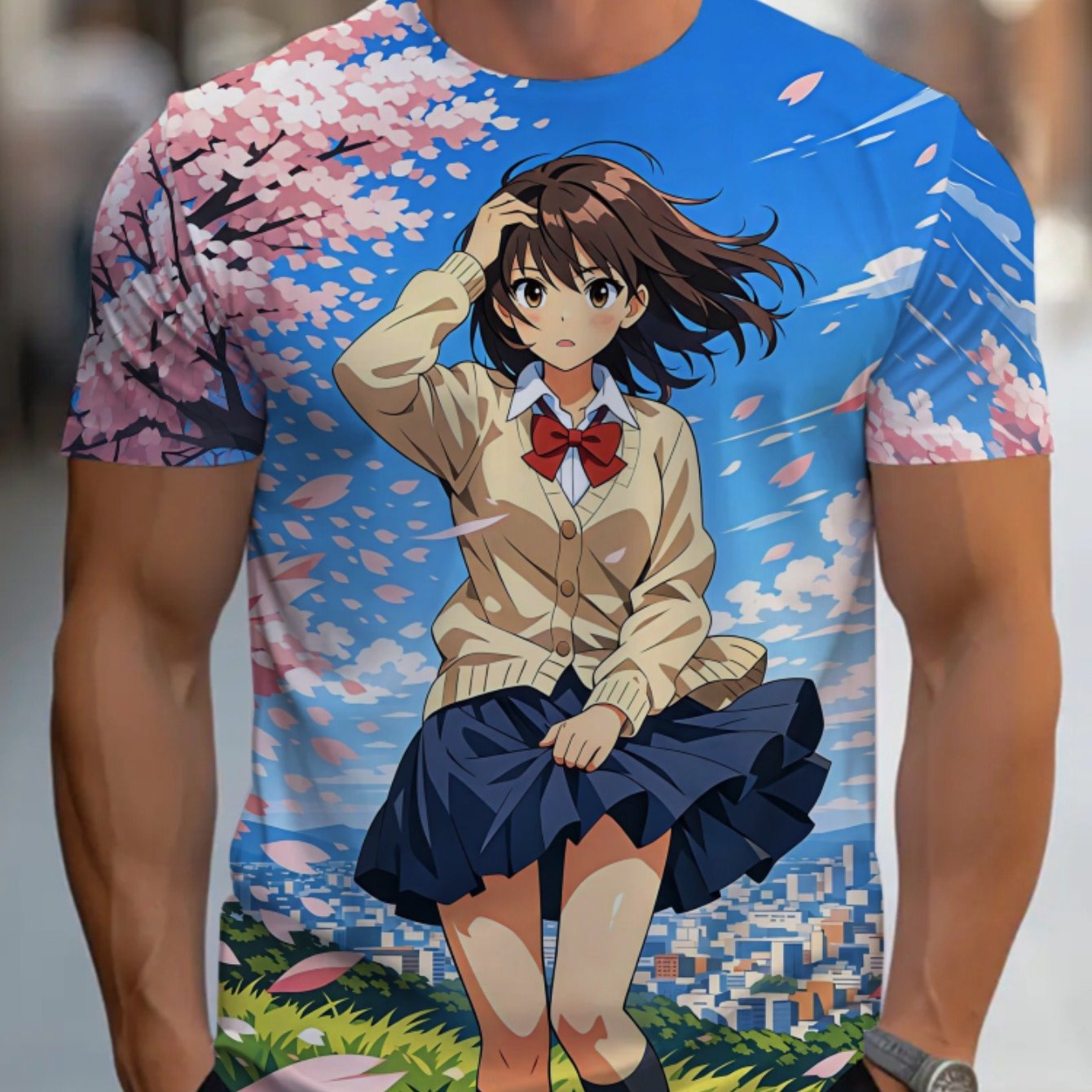 TEMU Anime Print Short Sleeve T-shirt For Men, Summer Casual Wear With Cherry Design, Lightweight And Comfortable, Perfect For Outdoor Activities And