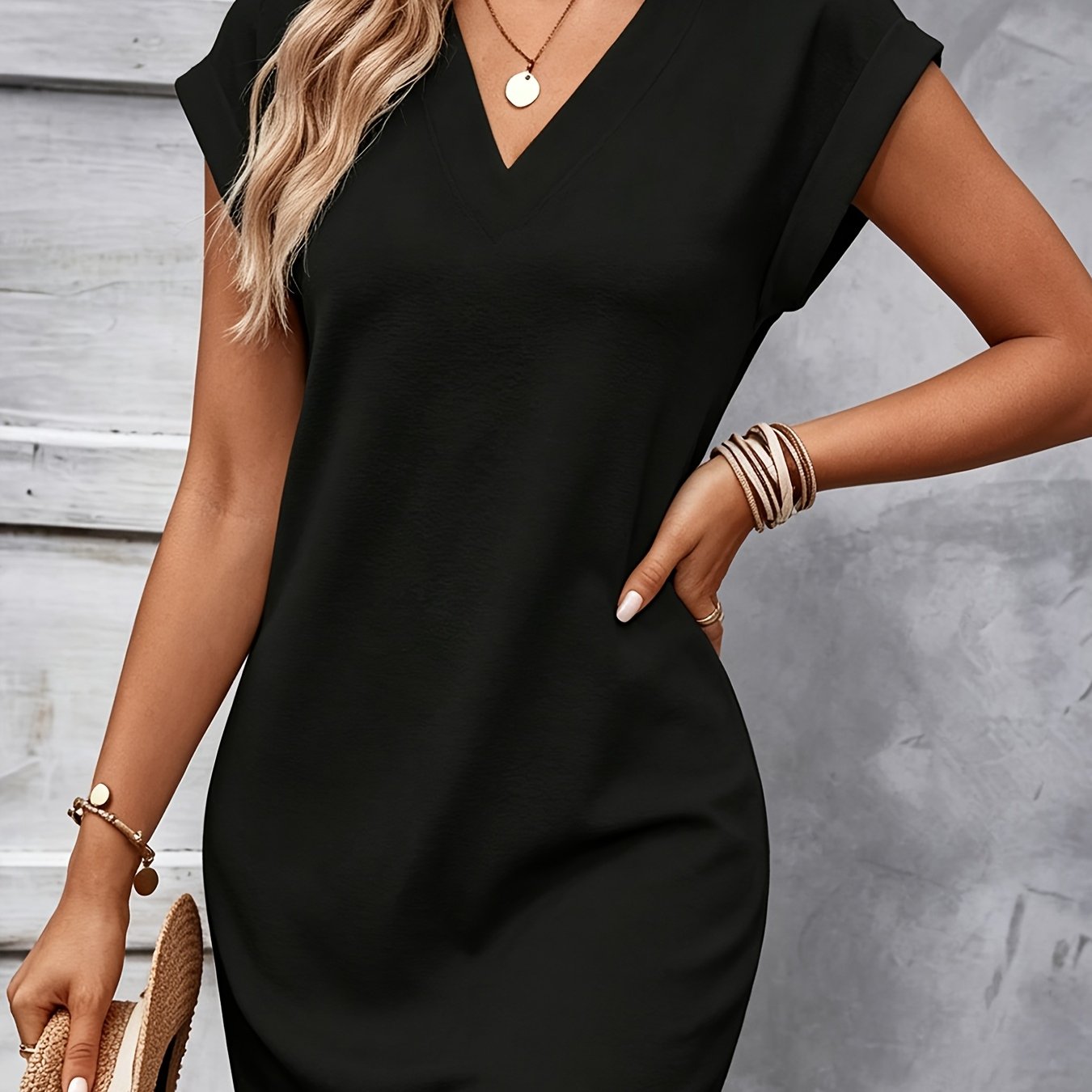 Image of S-xl Women's Dress Black V-neck Easy Commuter Style Daily Wear Skirt Street Casual Spring Summer Dress Women's Beautiful Clothing Gift