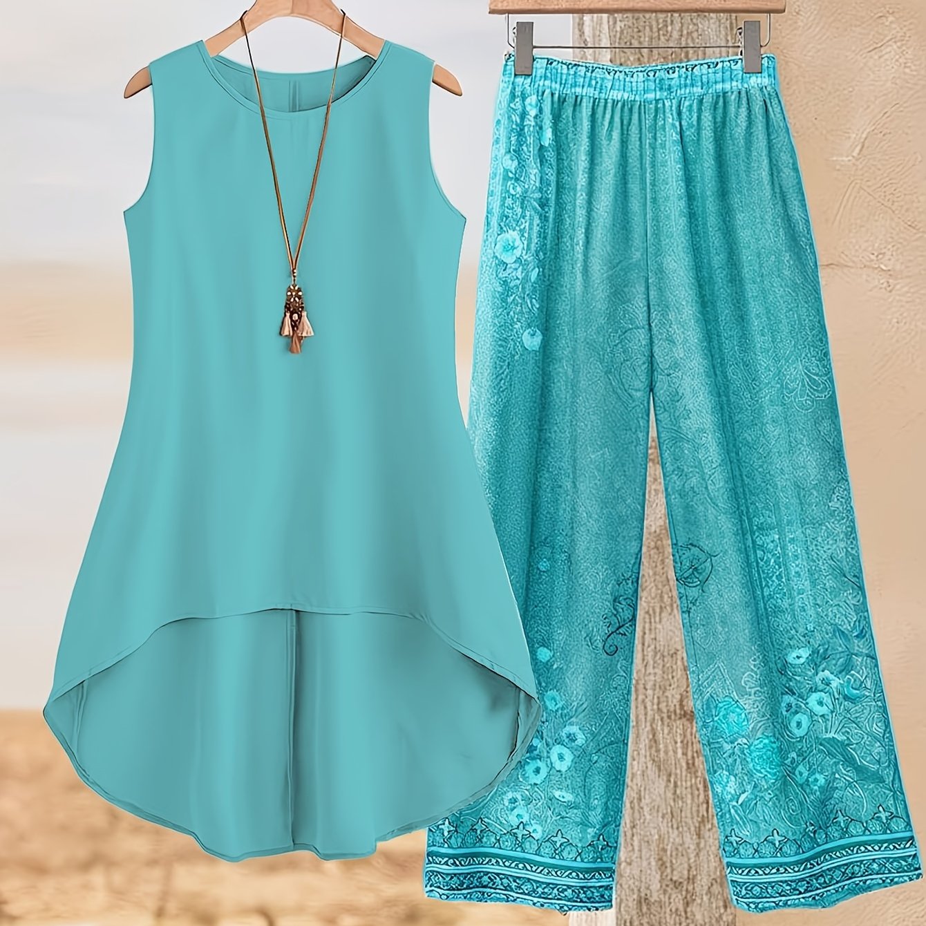 Image of Plus Size, [floral Print Two-piece] Women's 2pcs Set Featuring A Sleeveless Shirt And Straight-leg Pants, Perfect For Casual Vacations, Summer Women's Clothing Ensemble, 2pcs Outfit
