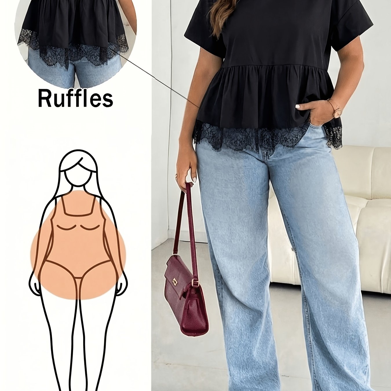 TEMU Plus Size, New Plus Size Women's Short Sleeve Shirt - Solid Color Round Neck Loose With Lace Trim Hem, Non-stretch Machine Washable Basic For