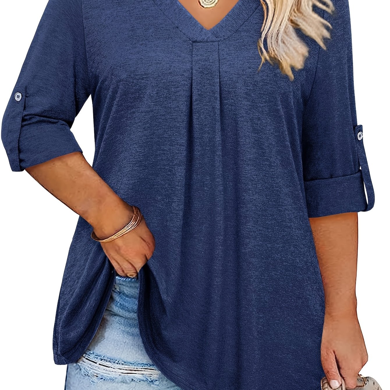 Plus Size Women's 3/4 Sleeve V-neck Blouse - Lightweight Breathable Tunic Top, Solid Color Button-front Design For Spring Summer Fall, Hand Wash Only