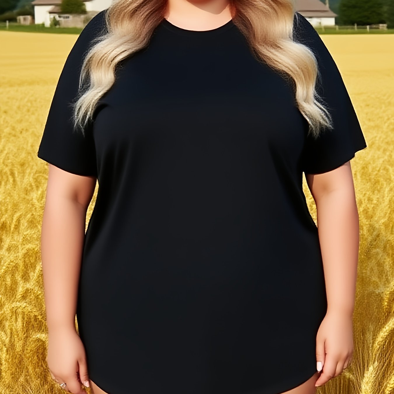 E-shop Plus Size, Damen Oversized Kurzarm T-Shirt - Schwarzes Rundhals-Casual-Lockeres Tunika-Oberteil, Atmungsaktive Plus-Size-Freundliche