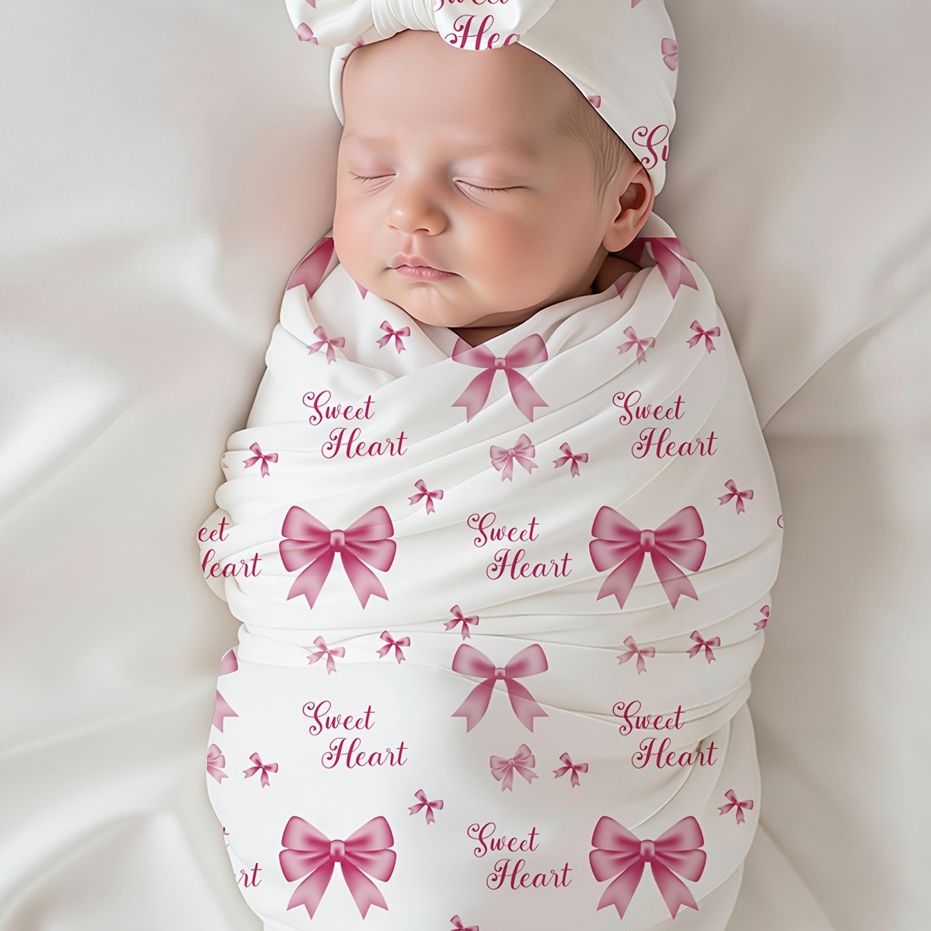 Image of 2pcs Of Baby Swaddling Blankets And Hats, Suitable For Newborn Girls And Boys, Neutral Swaddling Blankets Suitable For Newborns, Soft And Skin-friendly, 32*32 Inches (bowknot Series)