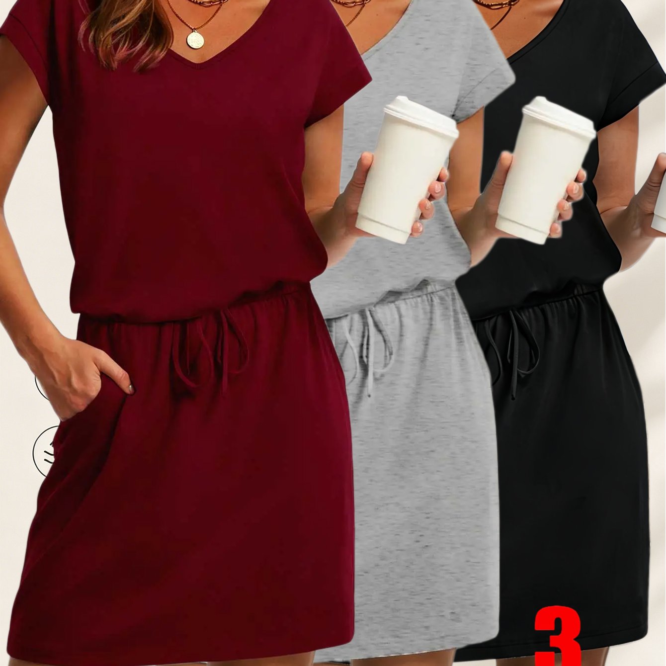 3pcs Women's Striped & Solid Casual Dresses - V-neck Drawstring Waist With Pockets Summer T-shirt Dress Set