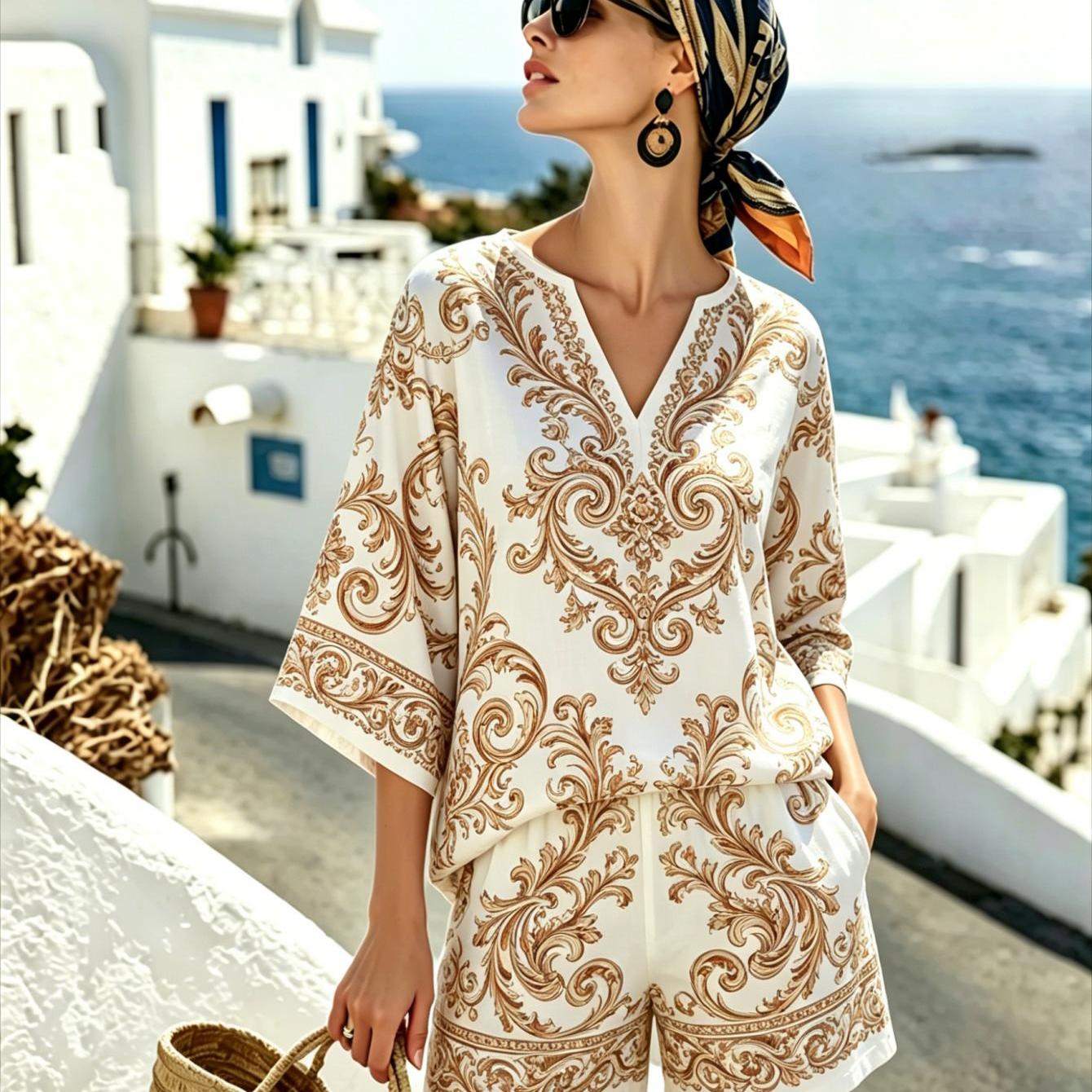 Image of New Women's Set - Summer Outfit Baroque-style Brown Women's Top And Shorts Two-piece Set Fiber Machine Washable Style Suitable For Everyday Wear 2d Flat Print