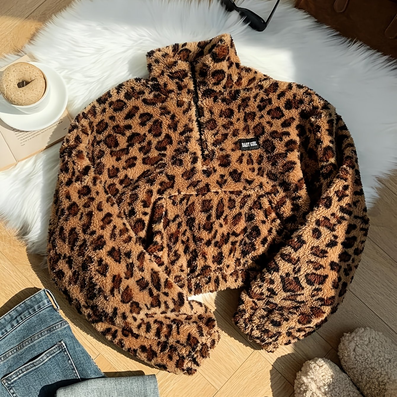Image of Girls' Mock Neck Zipper Long Sleeve Leopard Print Plush Short Pullover, , Casual Athletic Top, Suitable For Autumn, Winter, Warm And Fashionable Daily Essentials, Christmas, Halloween