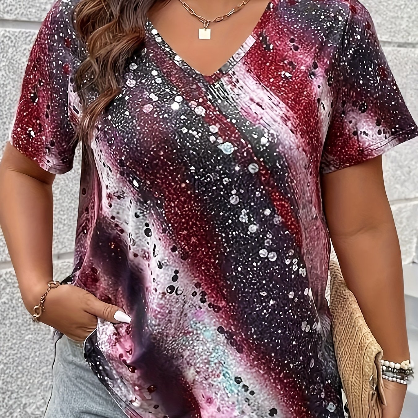 TEMU Plus Size, Summer Hot V-neck Short-sleeve Printed T-shirts For Women, Export European And American Cross-border Women's Clothing T-shirts