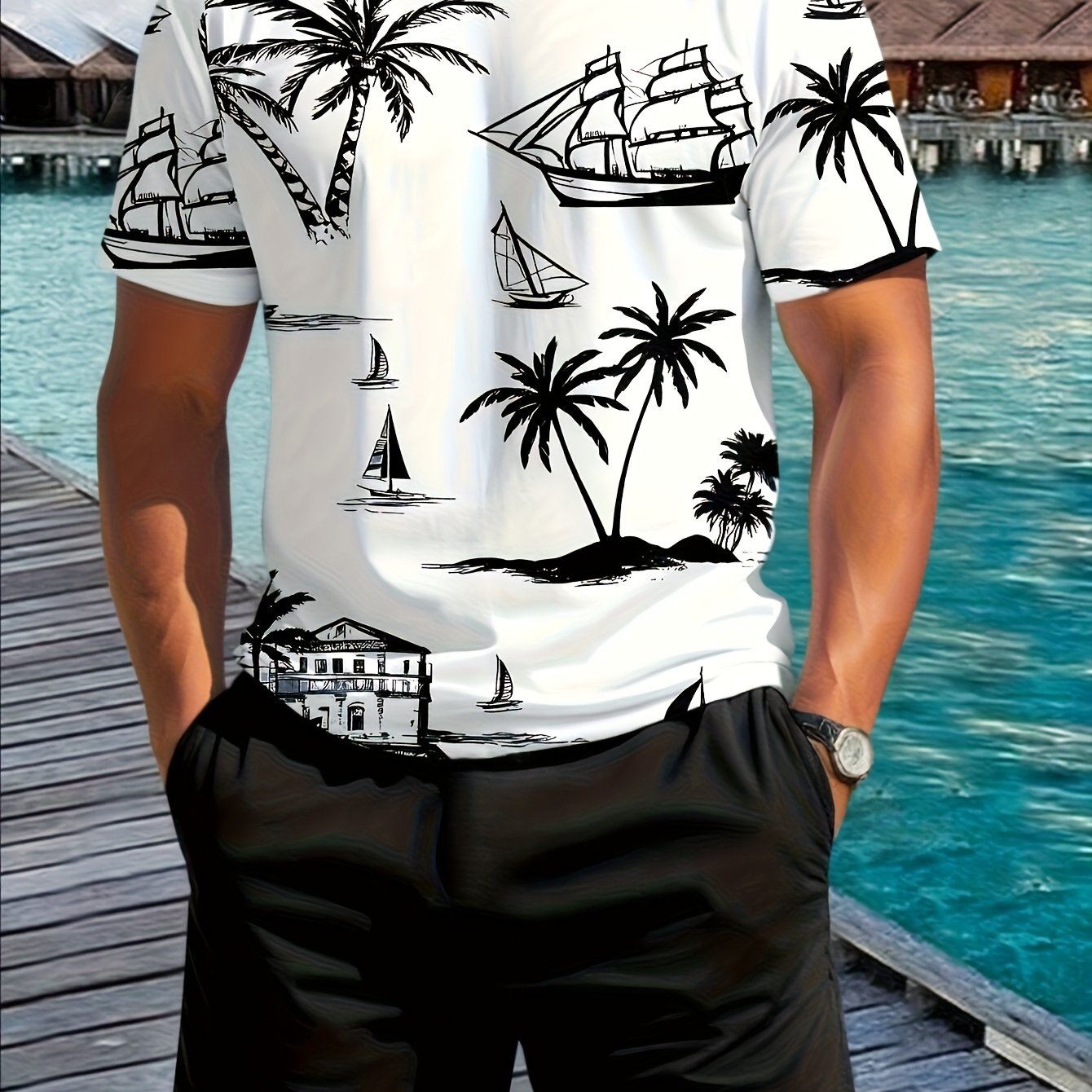 TEMU 2pcs Men's Novelty Coconut Tree Pattern 3d Printed Summer Clothing Set, Men's Short-sleeve Crew Neck T-shirt And Pocket Drawstring Shorts, For