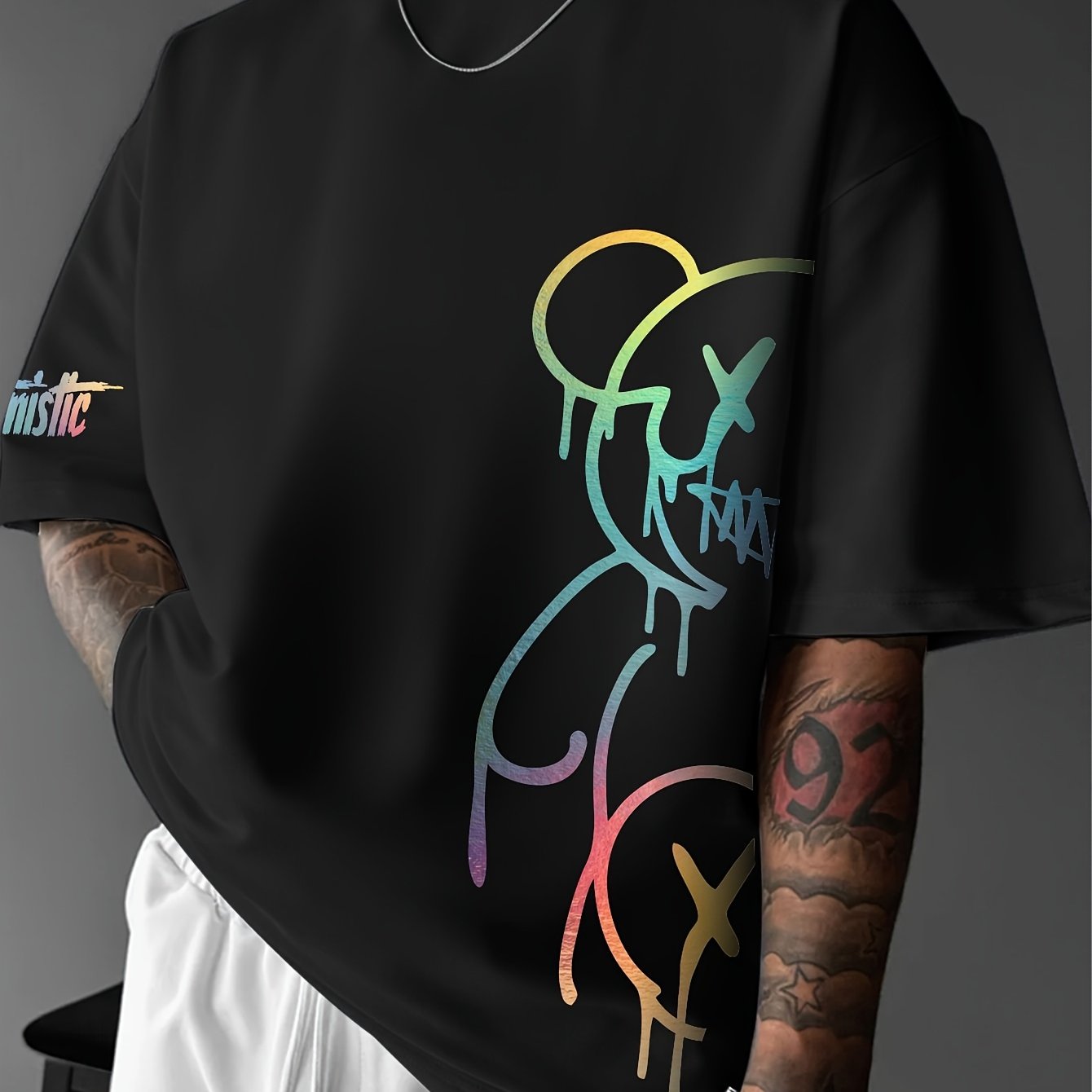 TEMU Men's Relaxed Fit Graphic Tee - White Featuring A Black Abstract Pattern, Short Sleeves, Round Neckline, Perfect For Summer Street Fashion, With