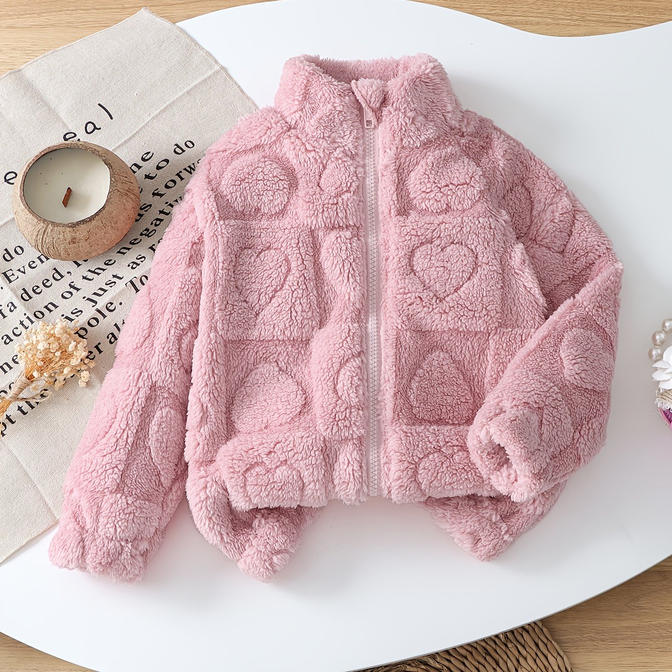 Image of Girls' Autumn Solid Color Heart Jacquard Plush Zippered Open Jacket Casual Coat