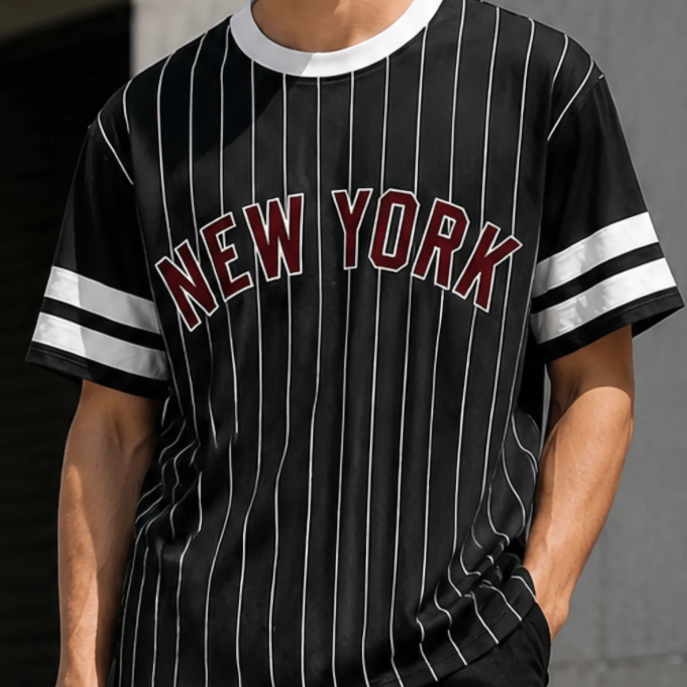 TEMU Men's Letter Vertical Stripes Short Sleeve T-shirt, -block Cuff Athletic Casual Top
