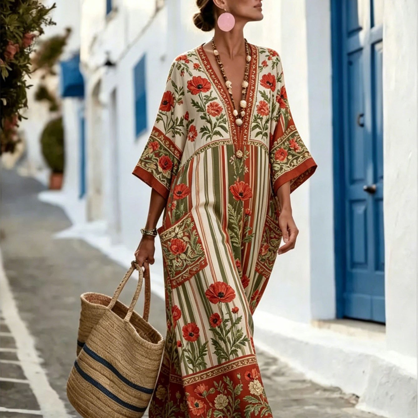 Image of Plus Size, Dress For Women Vintage Floral Striped Maxi Kaftan Dress, V Neck Half Sleeve Long Outfit, Ethnic Spliced Holiday Dress, Loose Bohemian Garment For European Street Travel