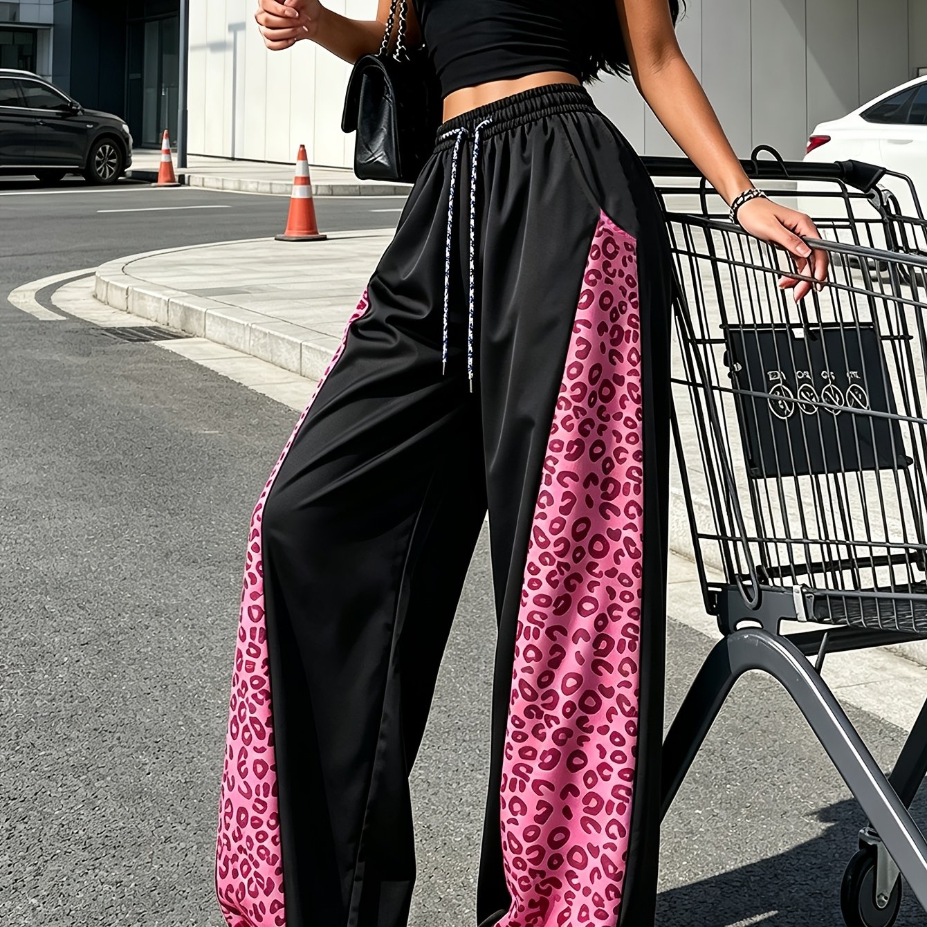 TEMU 1pc Women's High-waisted Wide-leg Trousers - Wide-leg Pants Suitable For Commuting, Elastic Waist With Leopard Print , Loose Fit Draped Pants,