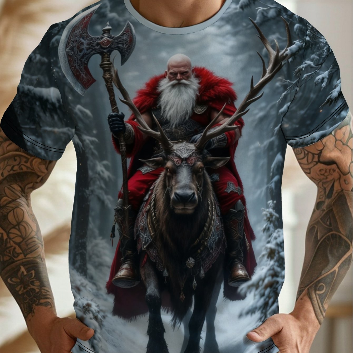TEMU Men's Short-sleeve T-shirt Featuring A 3d Digital Graphic Design Of Santa Claus In A Style, With A Round Neck And Print