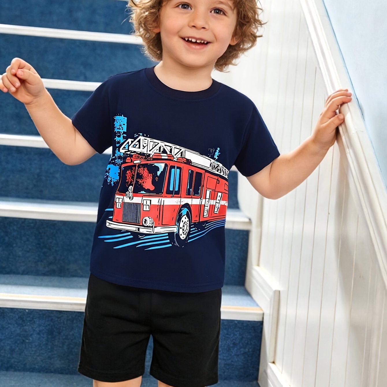Boys' Fire Truck Printed T-shirt | Casual Crew Neck, Regular Fit, Summer Season, Aosta Brand