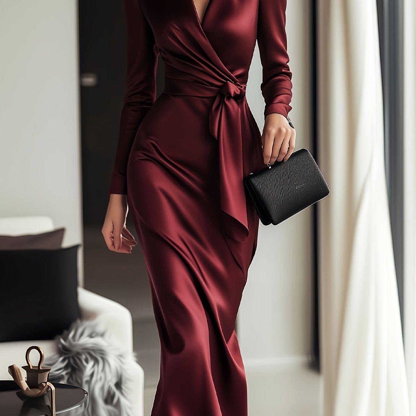 Élégante robe enveloppante en satin bordeaux pour femmes avec ceinture à la taille et col en V - Robe d'hiver ajustée à manches longues pour l'automne/hiver, occasions formelles et semi-formelles, couture sophistiquée et finition satin lisse