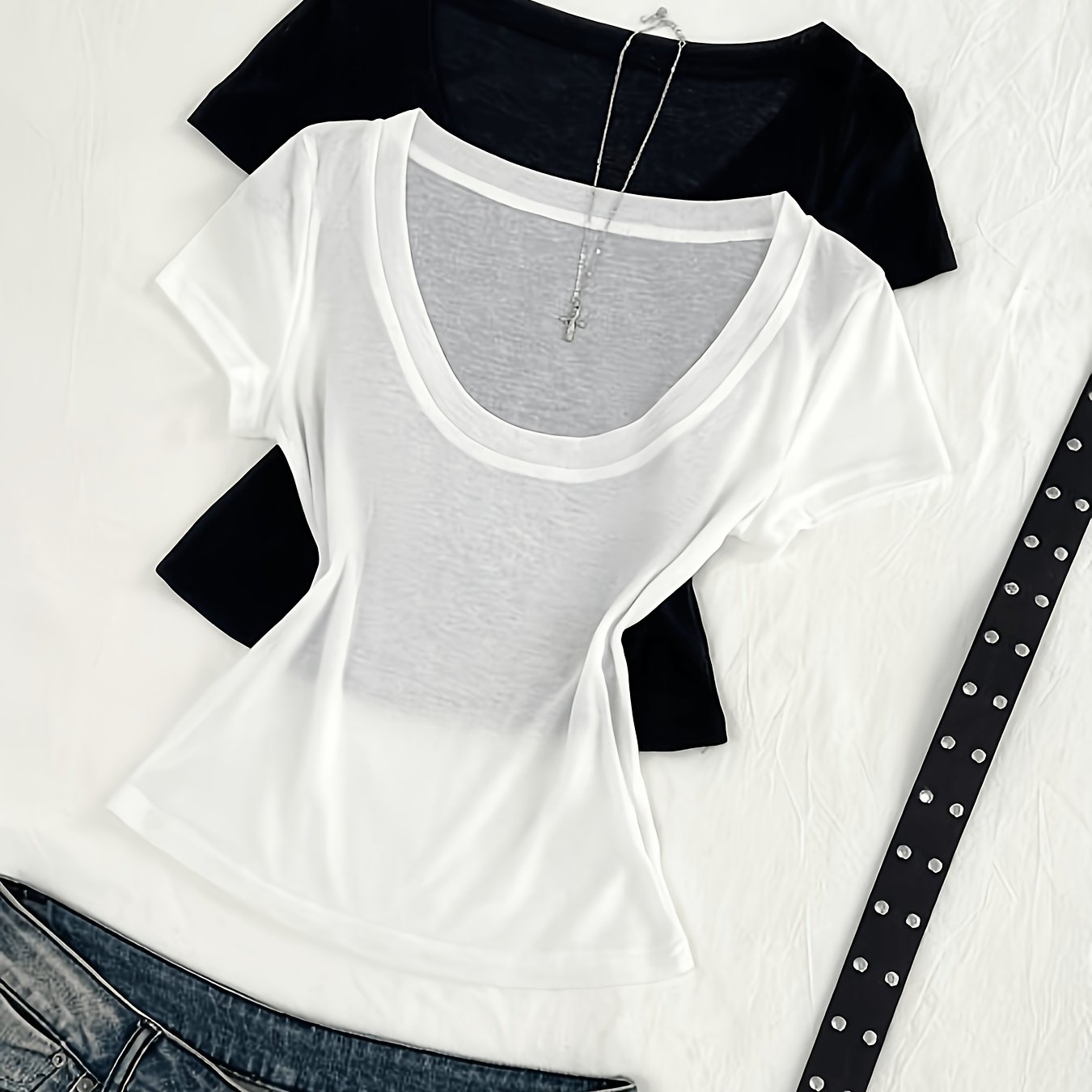 TEMU Women's Fashion Fit T-shirt Black And White 2pcs Set