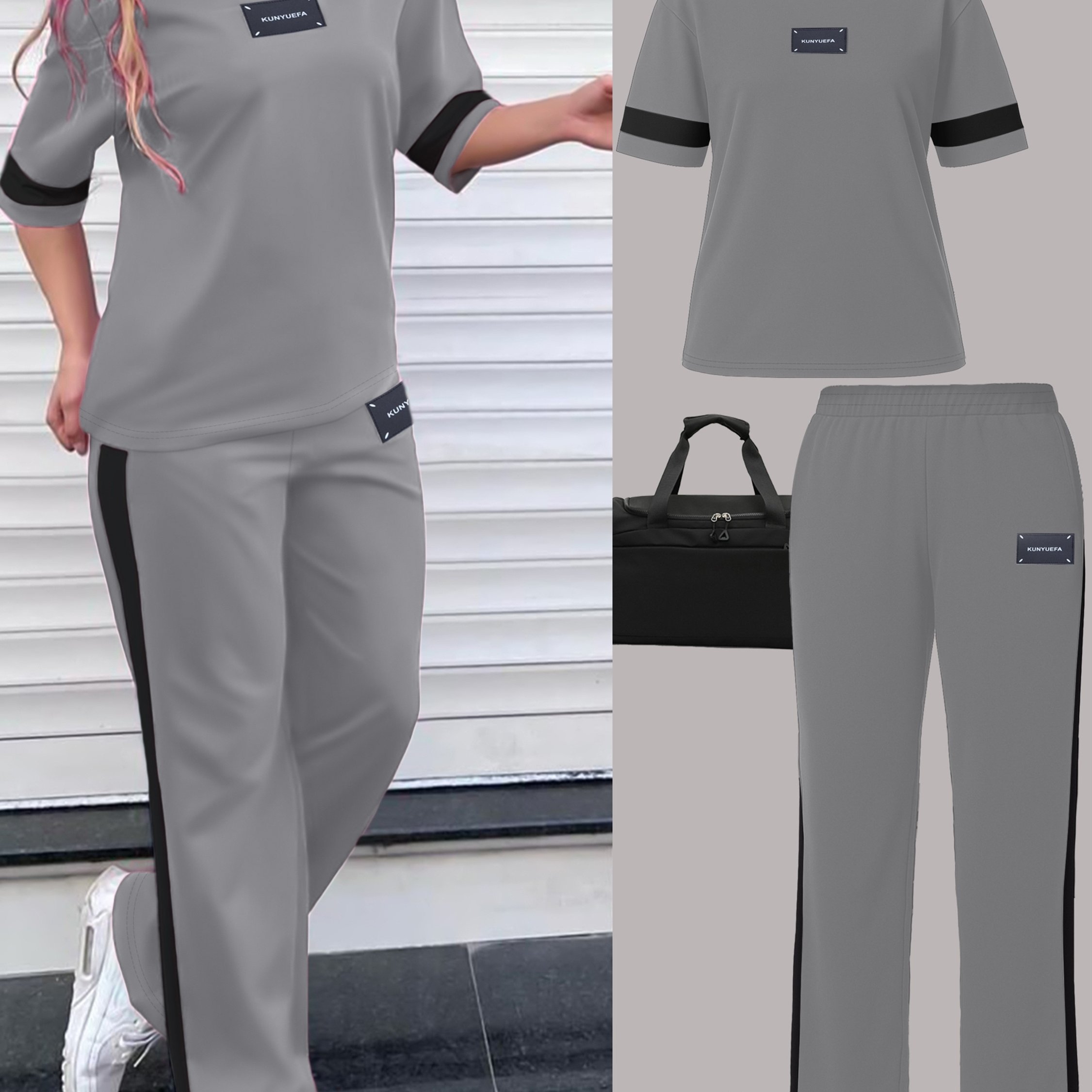 Image of Autumn Fashion Hit: Color Block Round Neck Short Sleeve T-shirt + Casual Elastic Waist Loose Straight Leg Pants Women's -piece Set