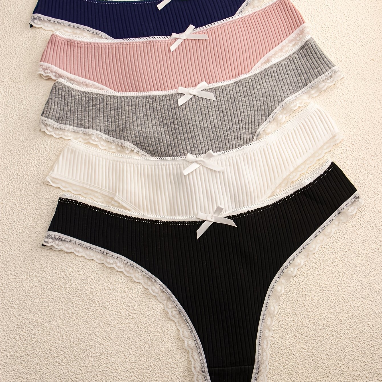 Image of 5pcs Of Women's Multicolored Ribbed Cute Bow Sexy Lace Trim Thong Underwear