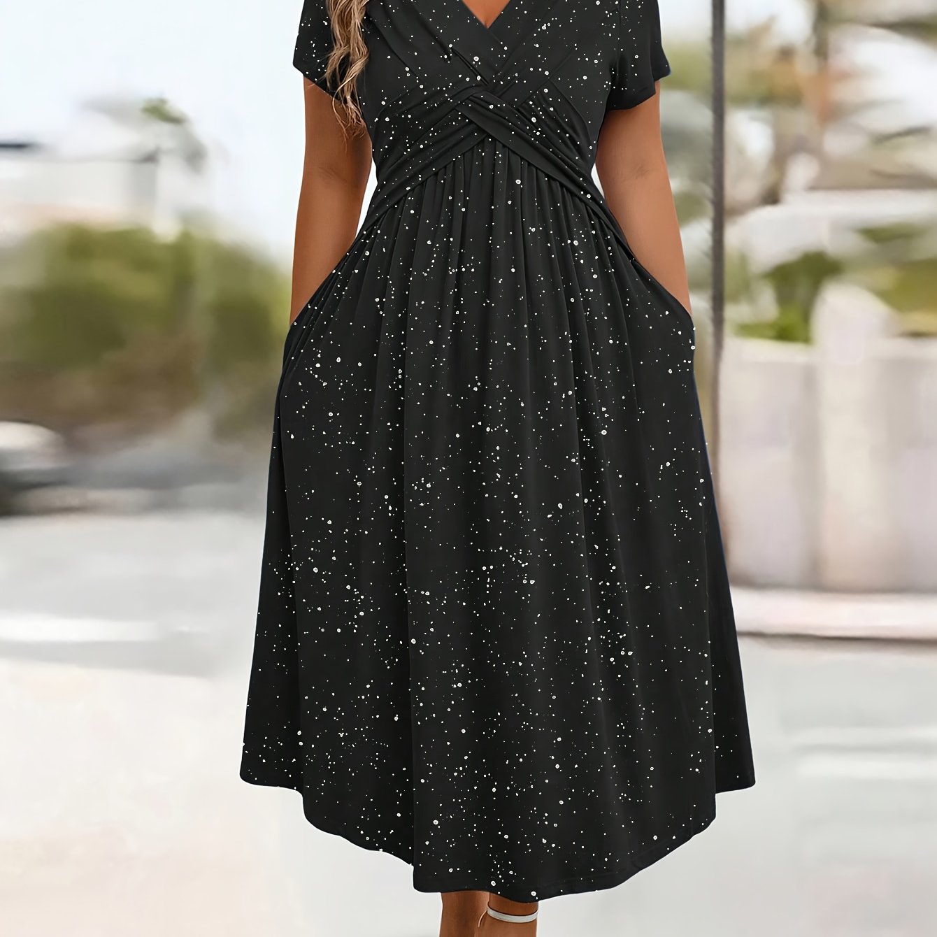 TEMU Plus Size - Plus Size - Women's Plus Size Elegant Style Shimmering Tulle Knot Detail Pocket V-neck Dress