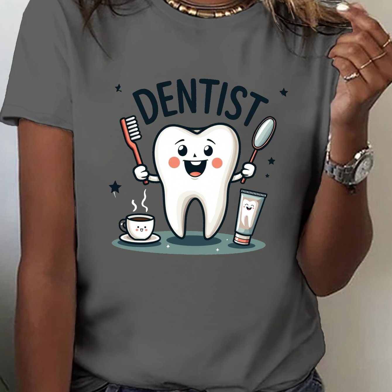 TEMU Tooth Dentist Print T-shirt, Short Sleeve Crew Neck Casual Top For Summer & Spring, Women's Clothing
