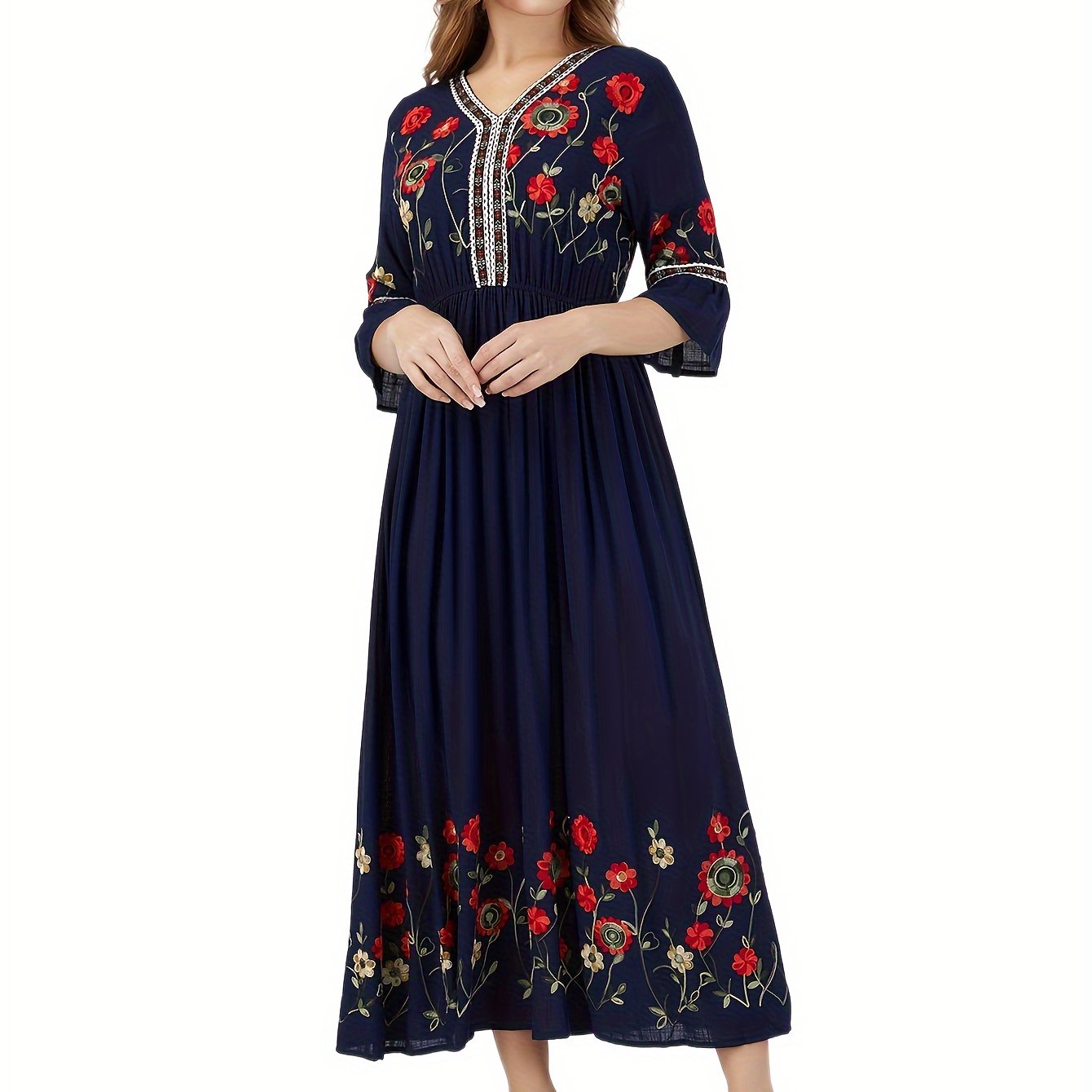E-shop Elegante grüne bestickte Maxi-Kleid mit V-Ausschnitt und Rüschenärmeln - Blumenmuster, lange Länge, für erwachsene Frauen, -Tragen, Blumenkleid