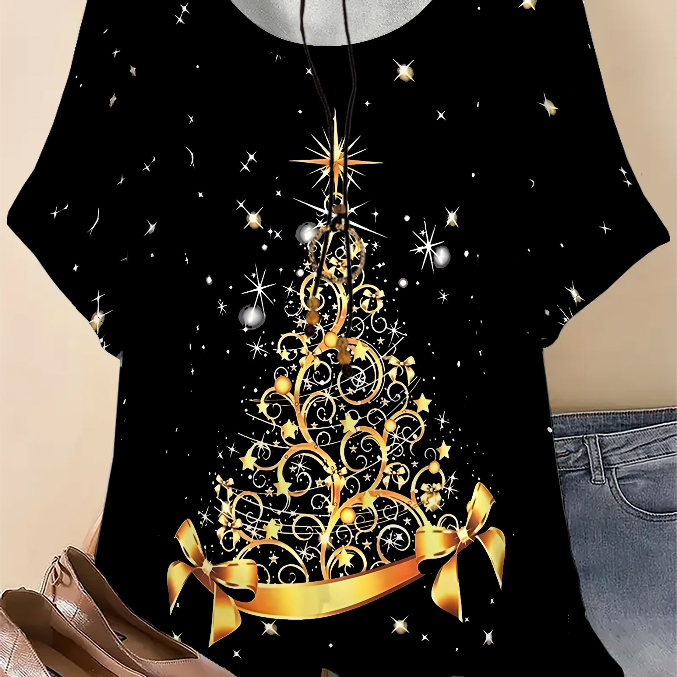 TEMU Plus Size, 1 Christmas Tree Print 3d Random Print Loose Round Neck Women's T-shirt, Accessories Not Included