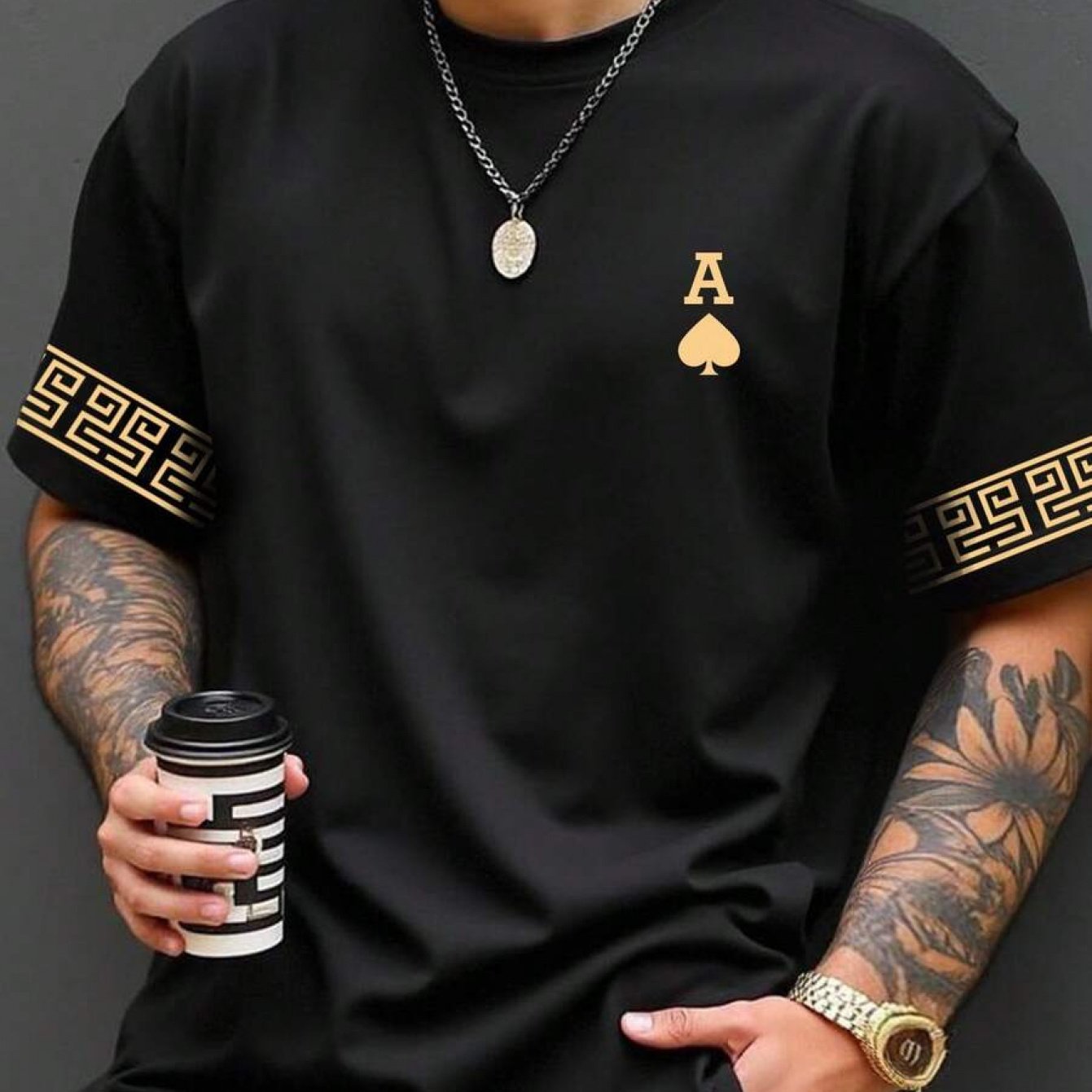 TEMU [print Design - Not Textured] 2026 's Fashion Solid Letter Print Short Sleeve T-shirt, Black Spade A Print And Herringbone Print Sleeve Design,