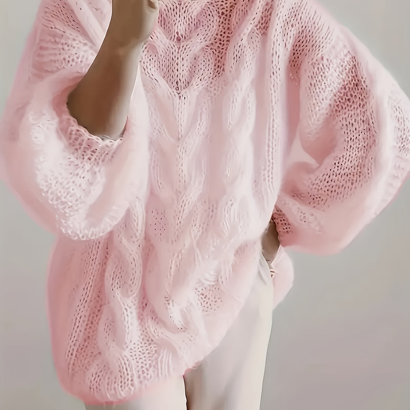 Women's Round Neck Hollow Cable Texture Loose Sweater Pullover, Soft Comfortable Semi-sheer Long Sleeve Chunky Top