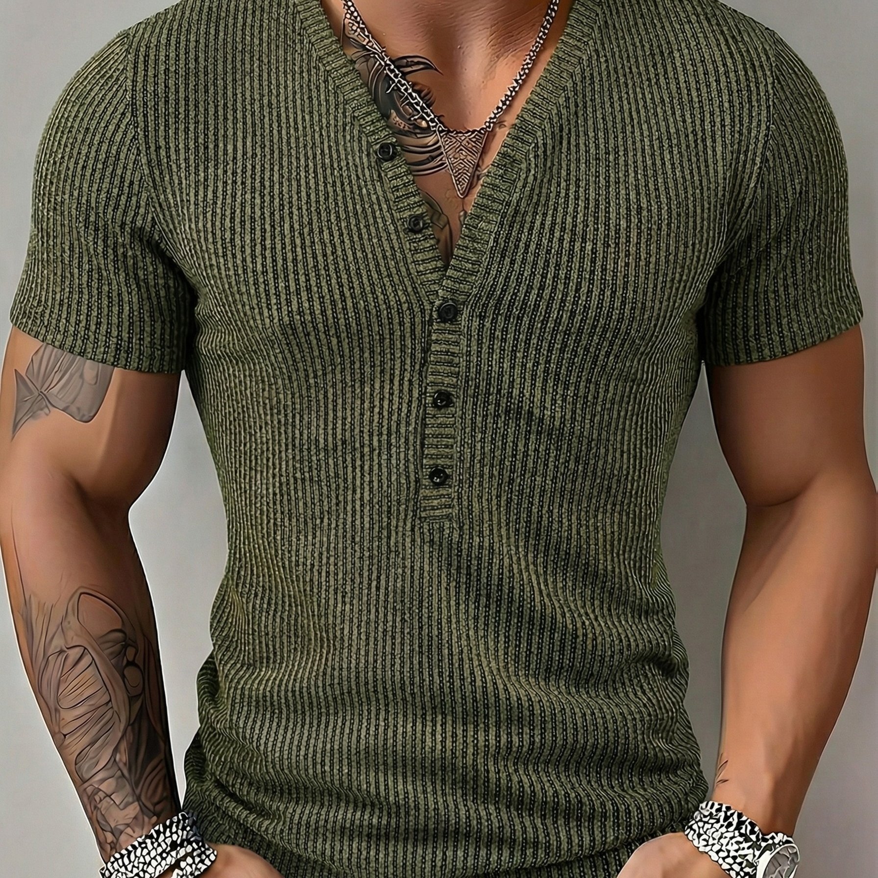 Image of Royalboy Men's Spring New Texture Two-color Striped Fabric Deep V-neck Design Short-sleeved Sports Top