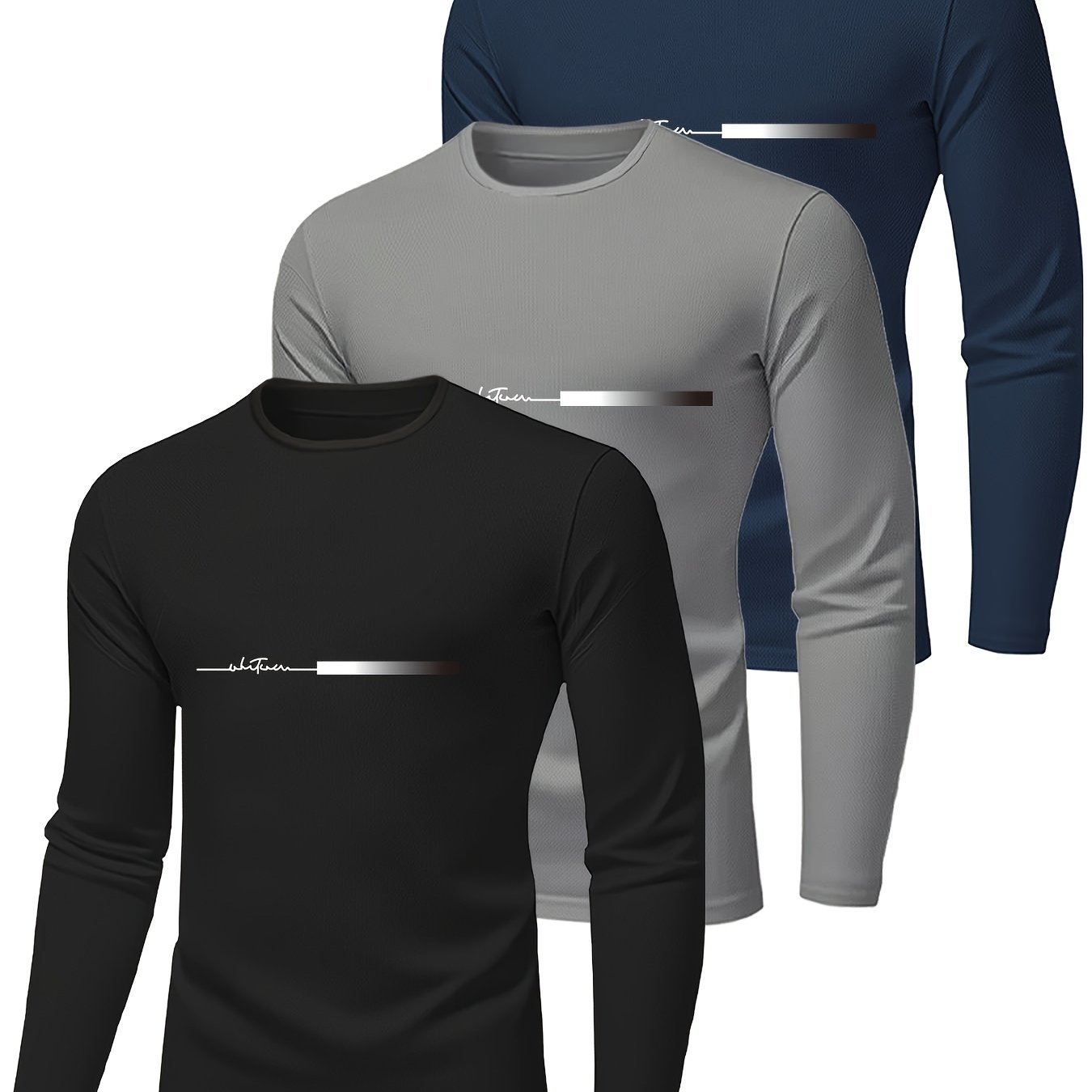 TEMU 3pcs Men's Long Sleeve T-shirts - Quick-dry, Breathable, Sweat Absorbent Crew Neck Tees In Black, Navy & Grey - Lightweight Athletic Shirts For