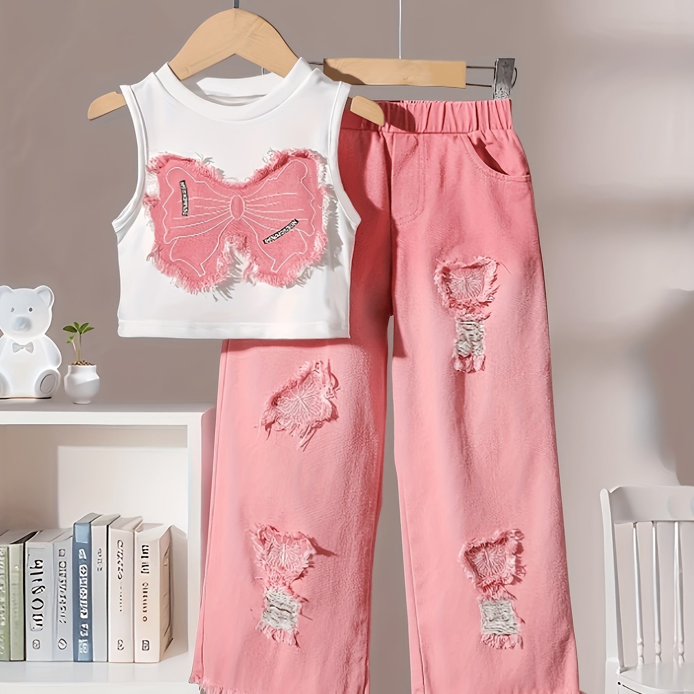 Image of Spring Summer Girls' Fashion New Style, Sunny Casual Cute Design, Exquisite Decor Round Neck Sleeveless Top, Plus Decor Versatile Long Pants, For Outdoor