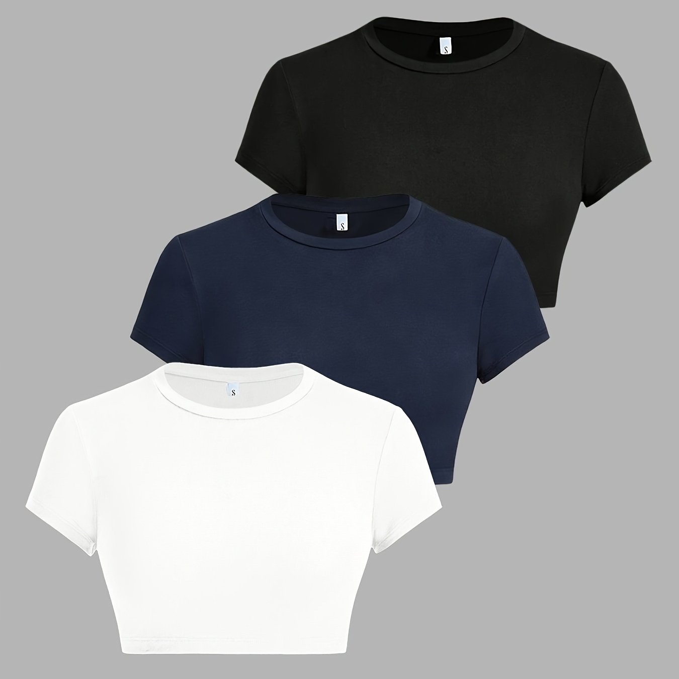 TEMU 3pcs Set Belly Button-revealing Sexy And Fashionable Cropped T-shirt, Women's Round Neck Short Sleeve Slim Fit Cropped Top