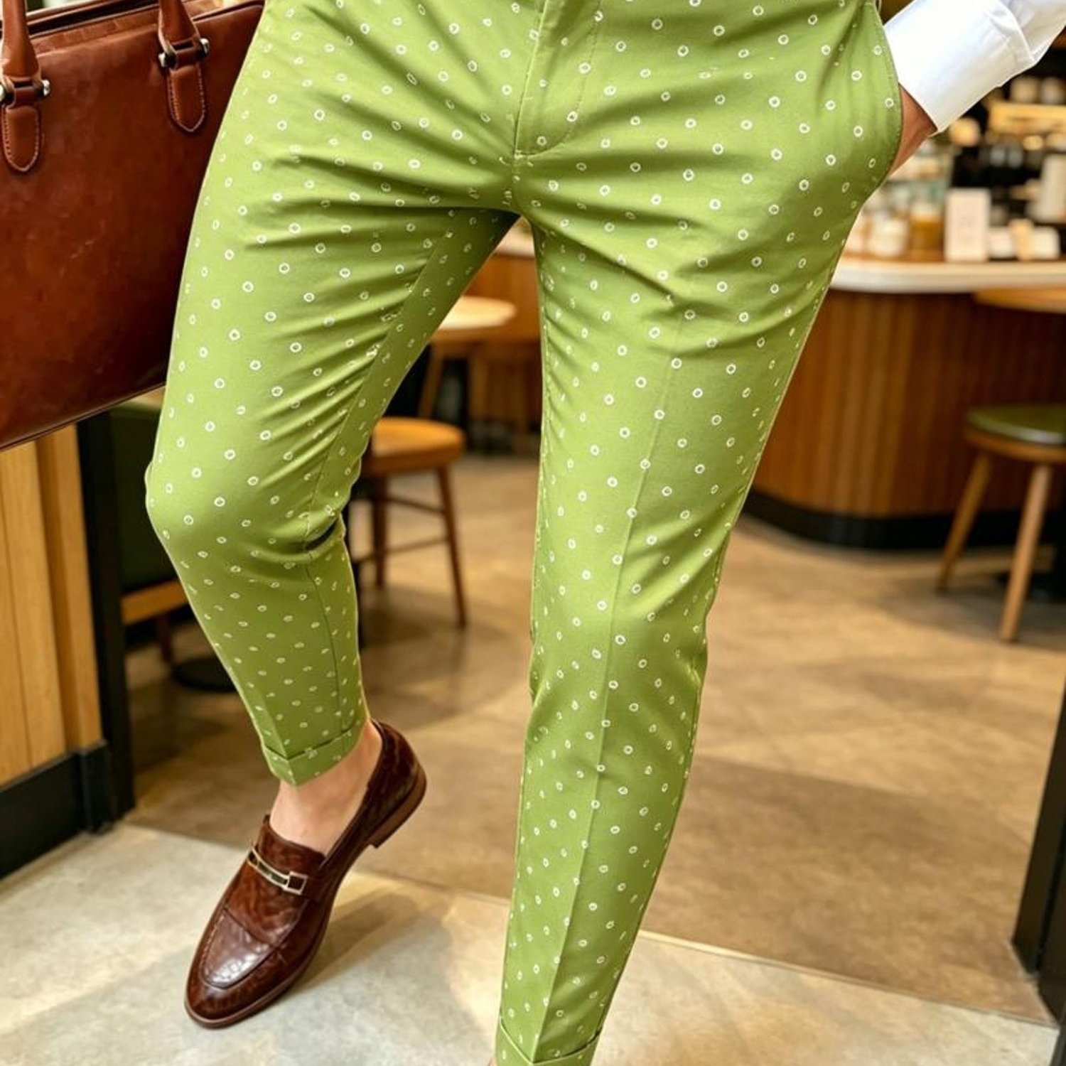 Men's Fashion Dress Pants, Mixed Color With White Polka Dots, Multiple Specifications , Stylish & Comfortable, Suitable For Business/indoor Scenes, Matches Shirts & Loafers, Brown Briefcase Style