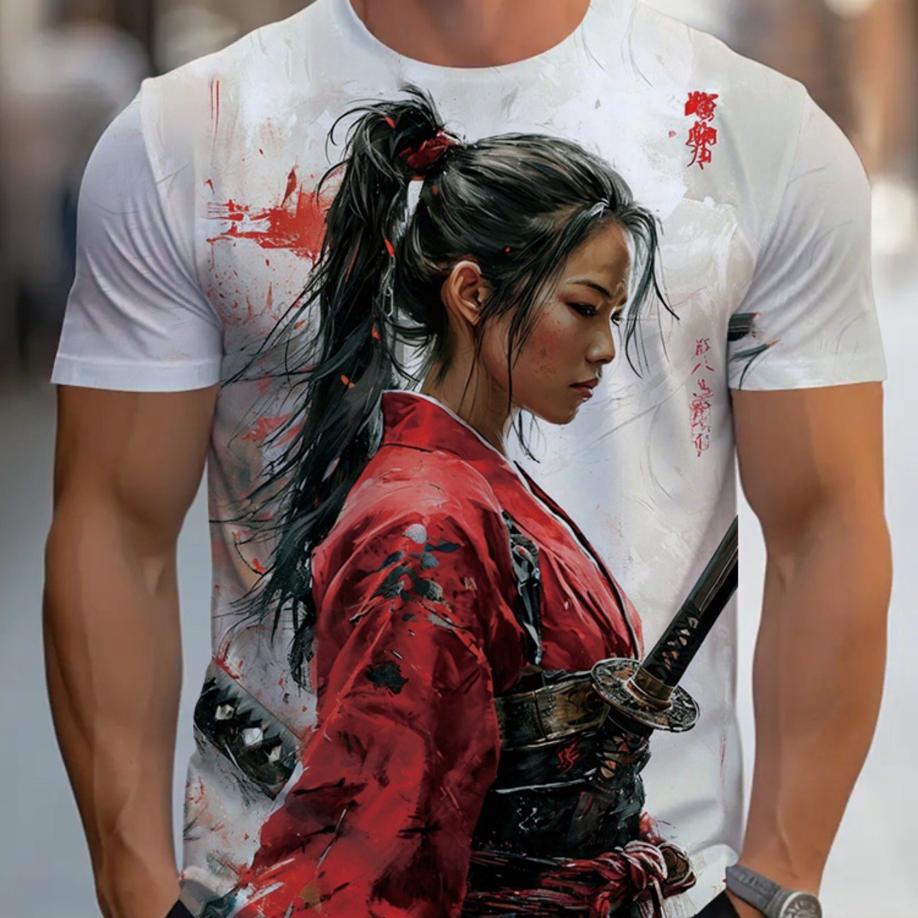TEMU Premium Artistic Men's T-shirt - Stylish Warrior Design Tee For Fashion Enthusiasts